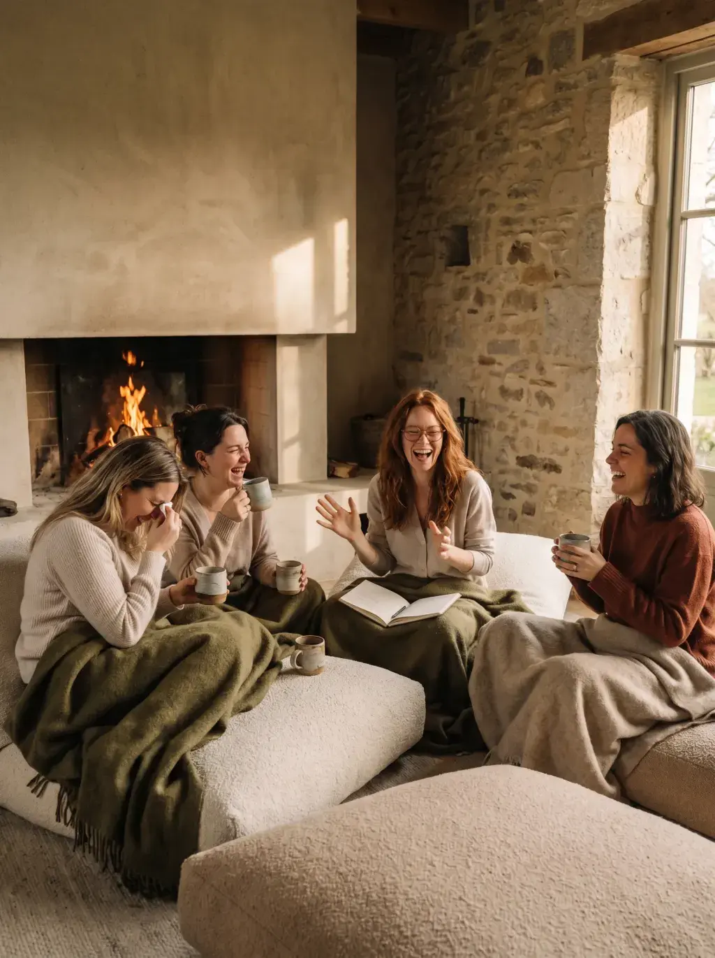 Quatre femmes riant autour d'un feu de cheminée avec des tasses