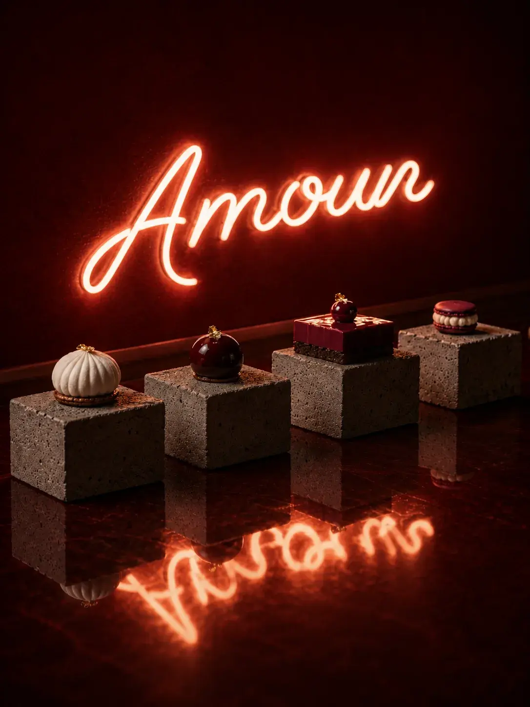 Quatre pâtisseries sur socles béton en enfilade sous néon Amour orange-rouge, reflets sur comptoir rouge brillant