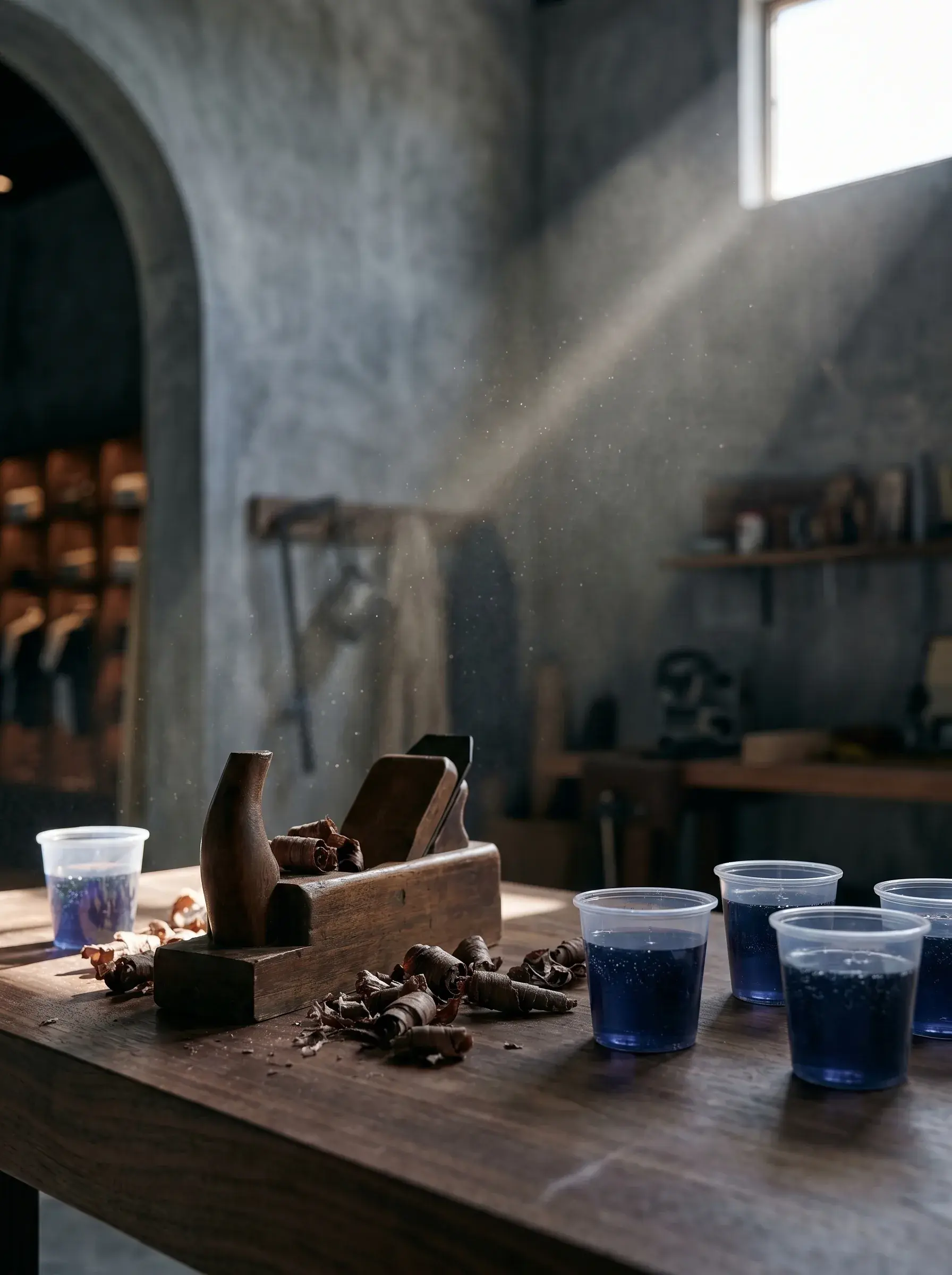 Rabot et pigments bleus sur établi dans un atelier avec fenêtre en arc et rayons de lumière