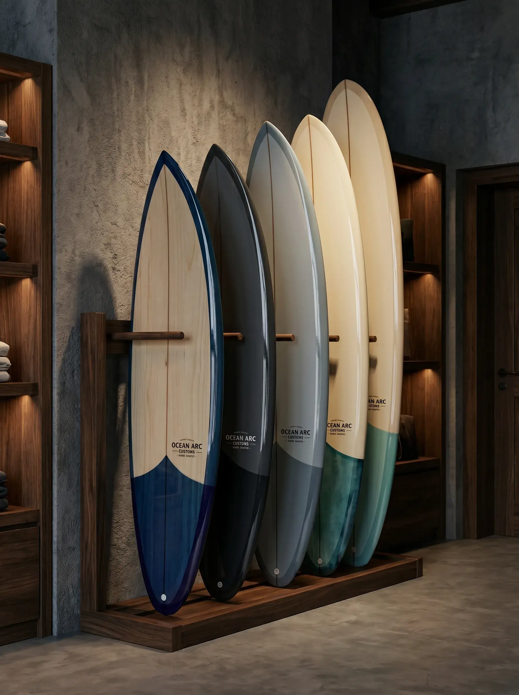 Rangée de planches de surf exposées dans une boutique