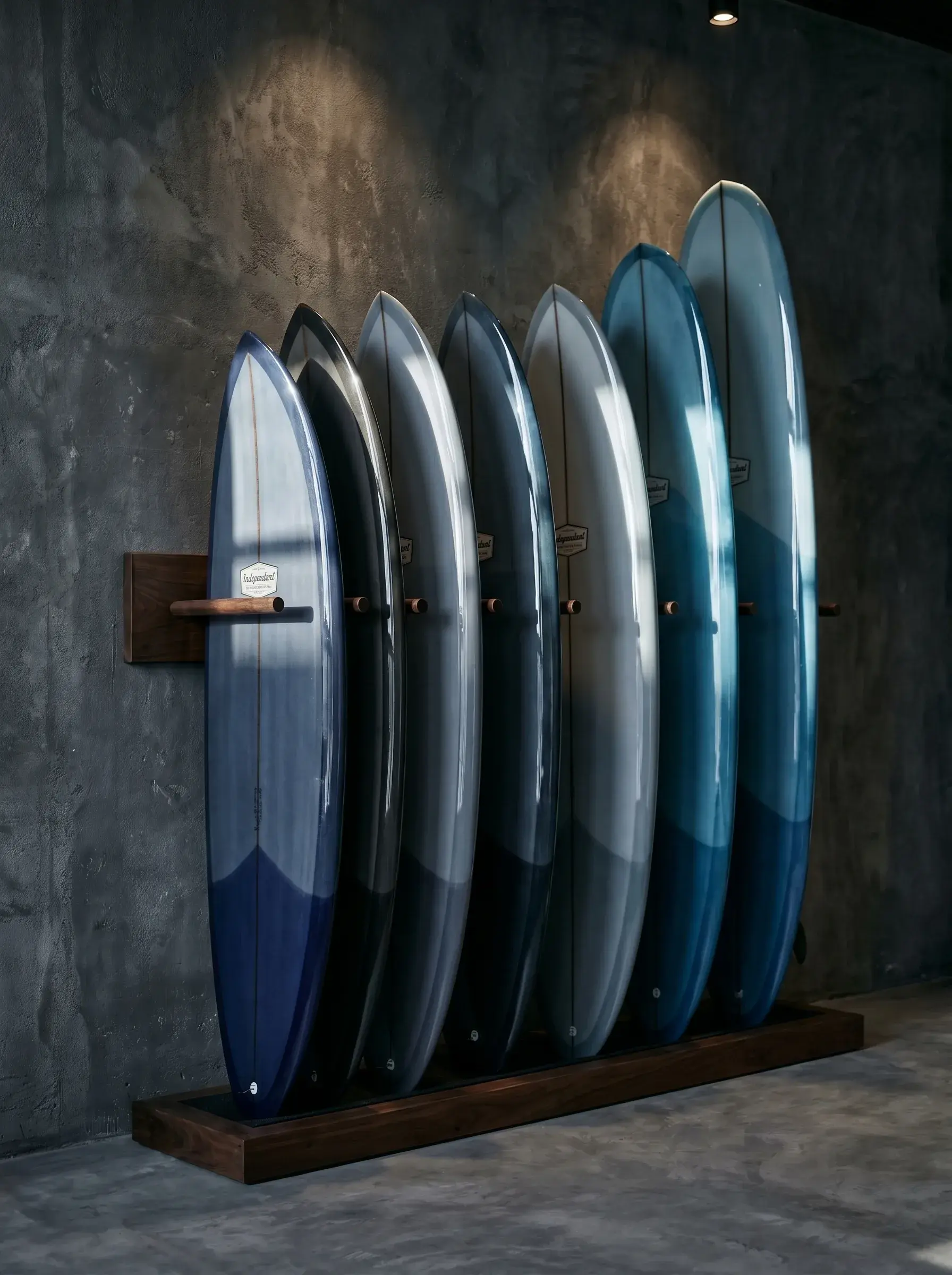 Rangée de planches de surf multicolores sur rack en bois contre un mur gris