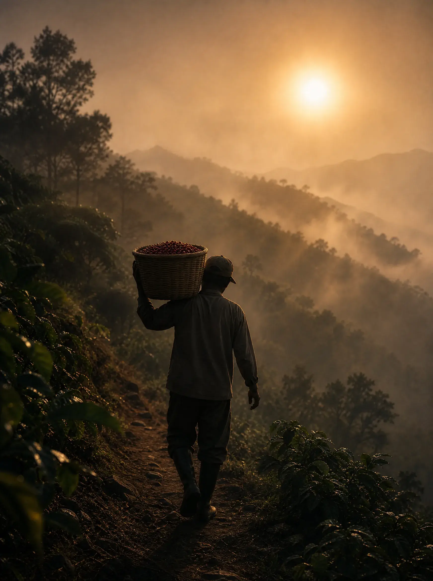 Récolteur de café portant panier de cerises – chemin plantation, coucher de soleil brumeux, montagne