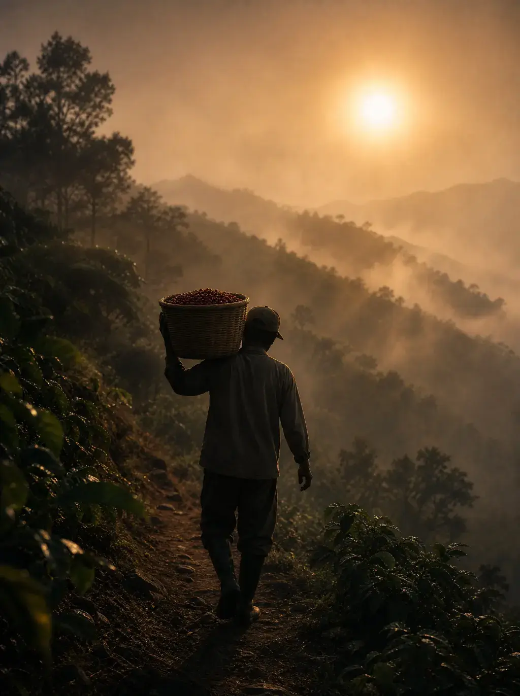 Récolteur de café portant panier de cerises – chemin plantation, coucher de soleil brumeux, montagne