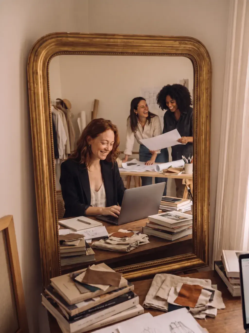 Reflet dans un miroir doré d'un bureau de mode avec femme sur laptop et équipe en fond