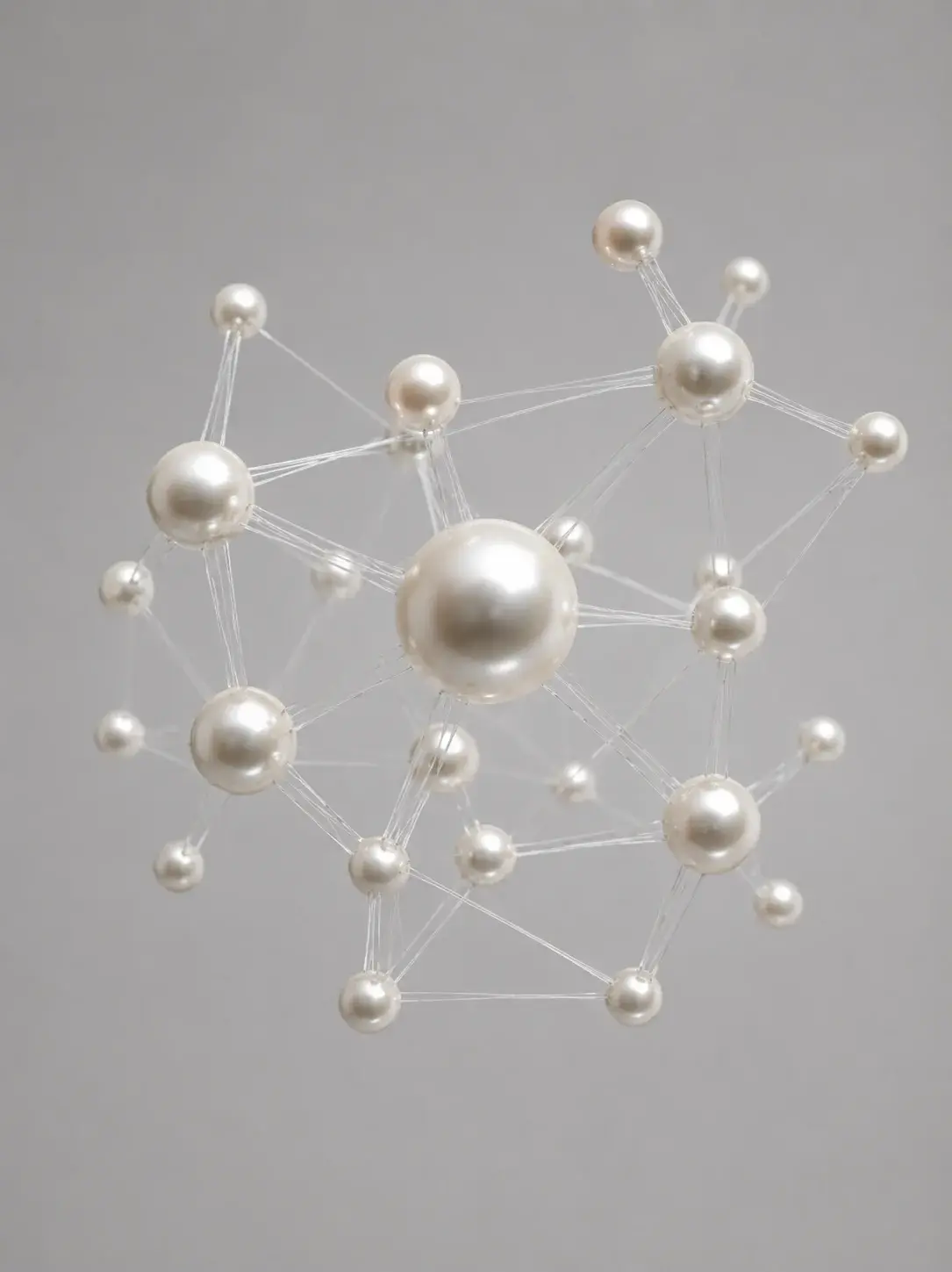 Réseau moléculaire de perles reliées par des fils transparents, structure scientifique suspendue fond gris