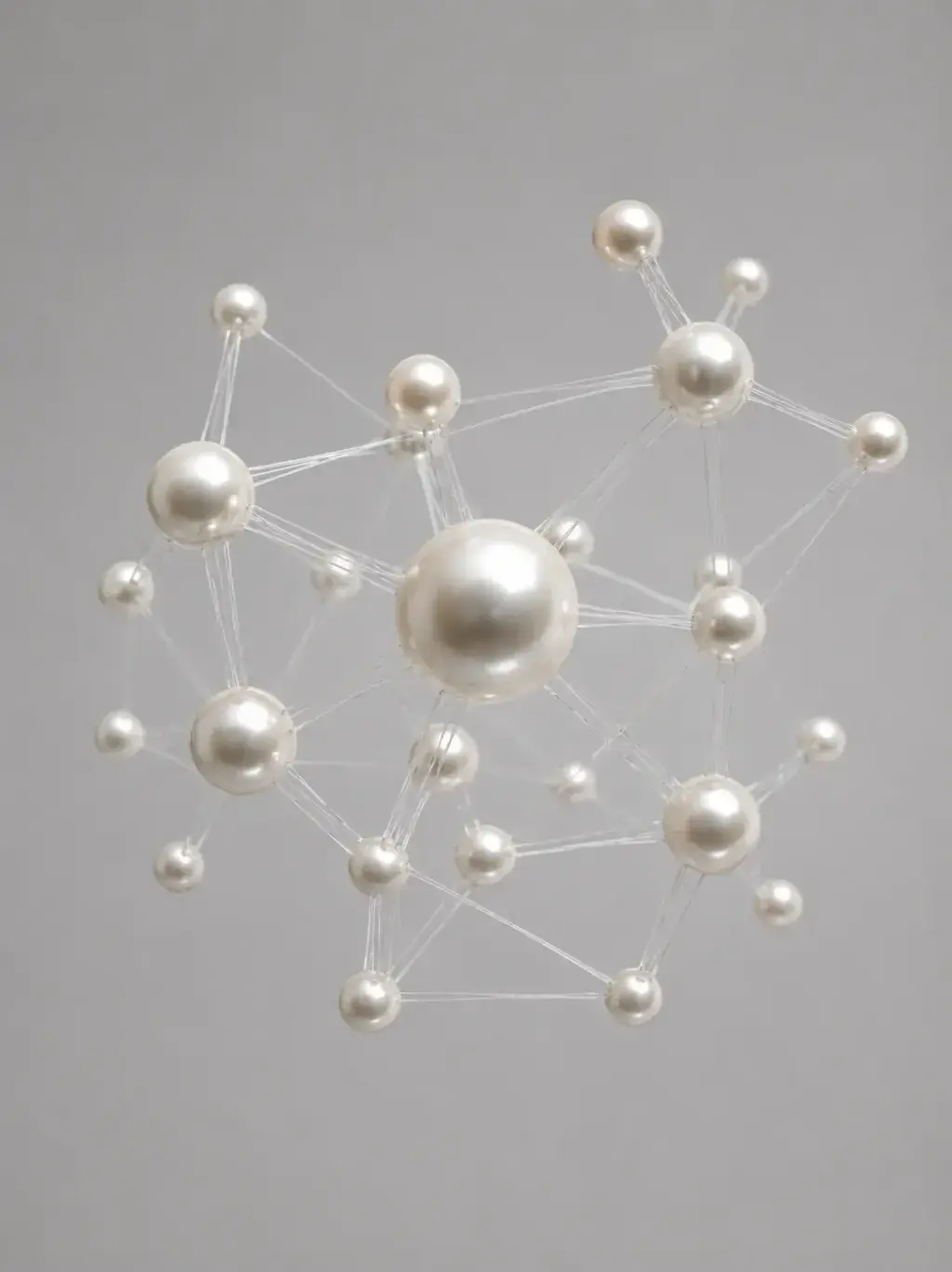 Réseau moléculaire de perles reliées par des fils transparents, structure scientifique suspendue fond gris