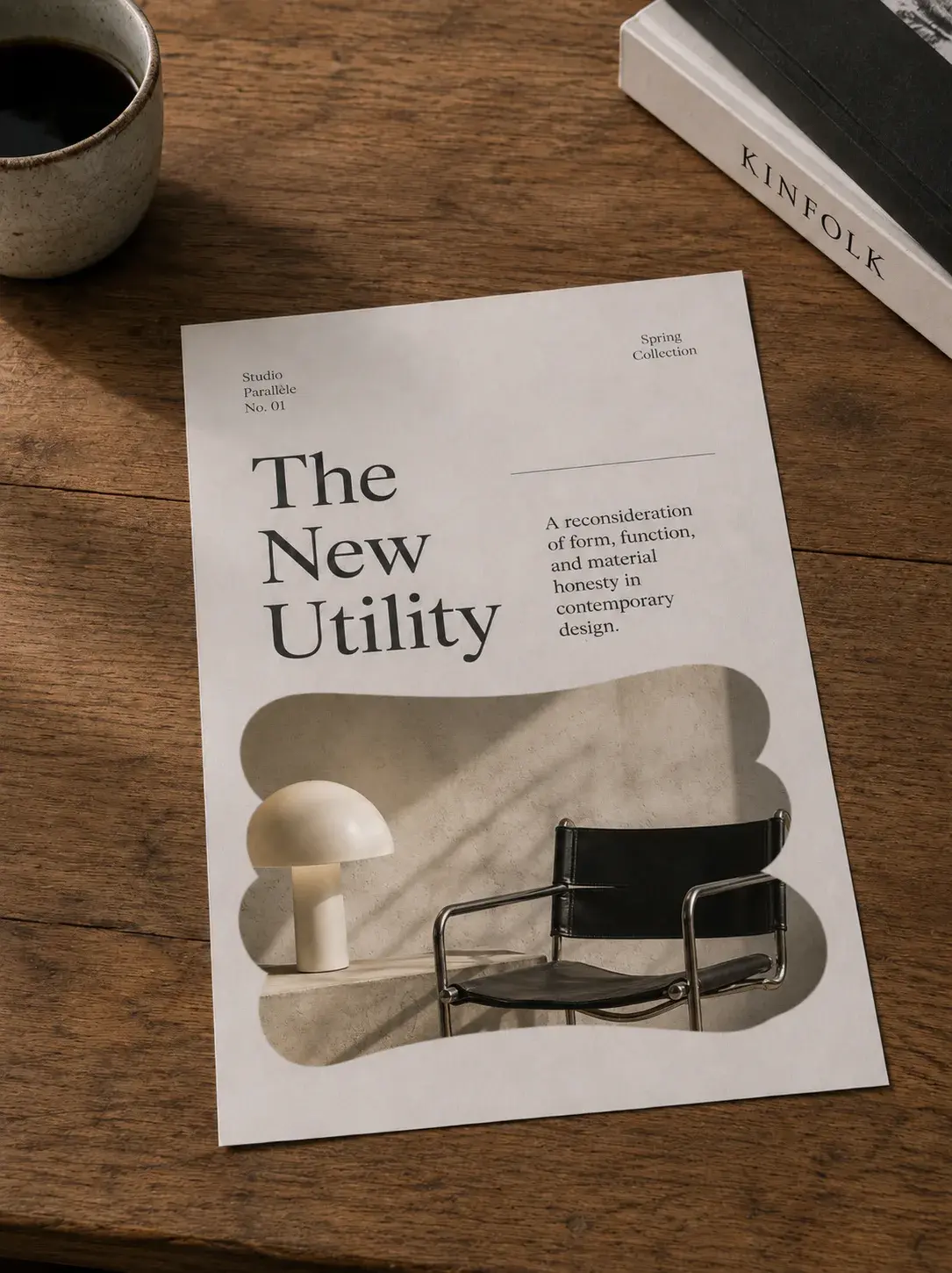 Revue de design – magazine éditorial, table bois, café, composition
