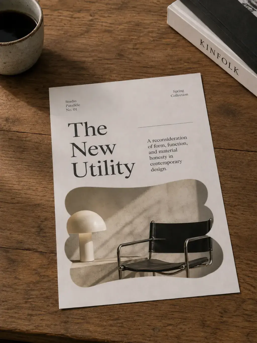 Revue de design – magazine éditorial, table bois, café, composition