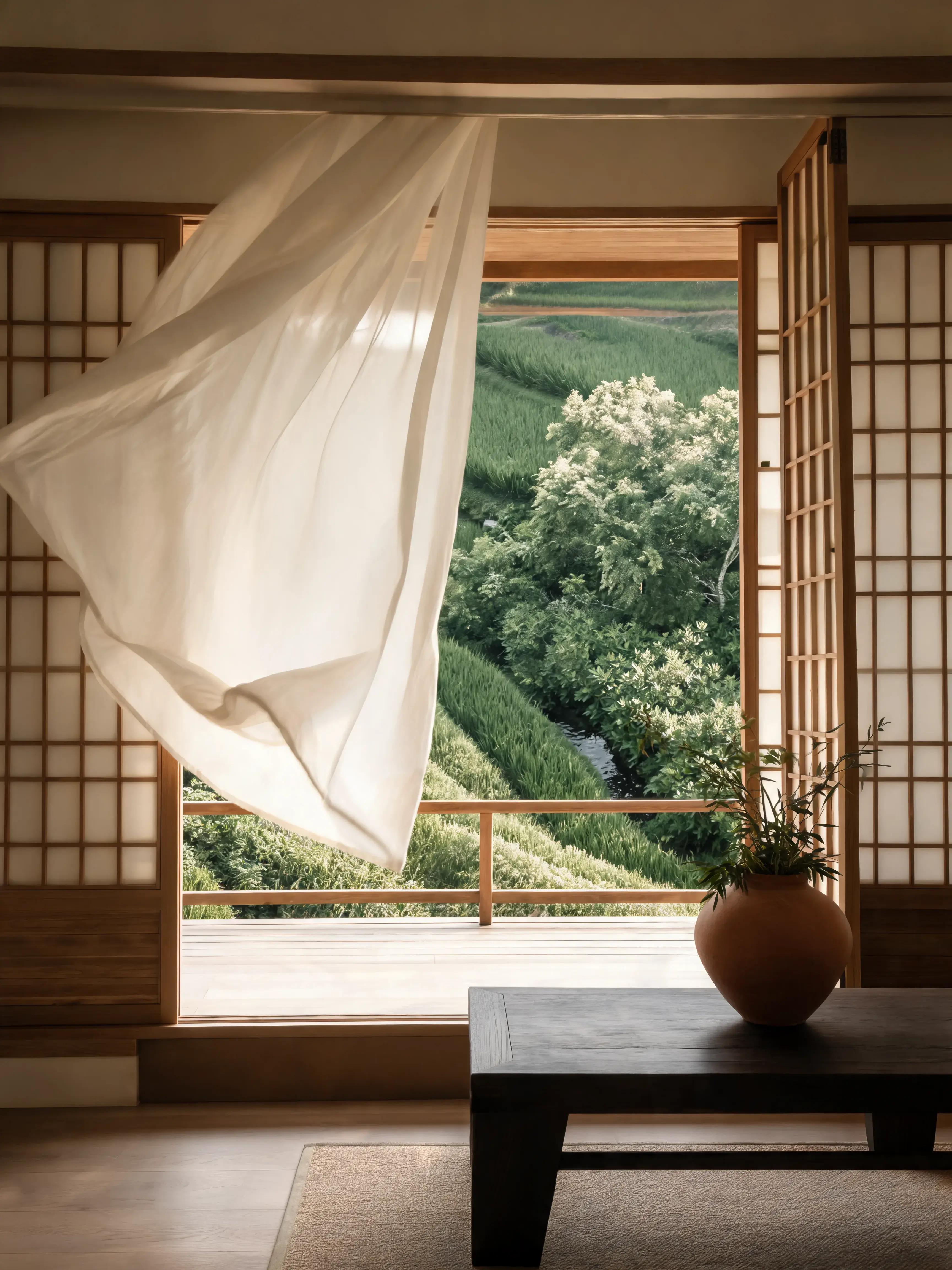 Rideau blanc flottant depuis fenêtre ouverte sur rizières vertes – vase terracotta, chambre japonaise