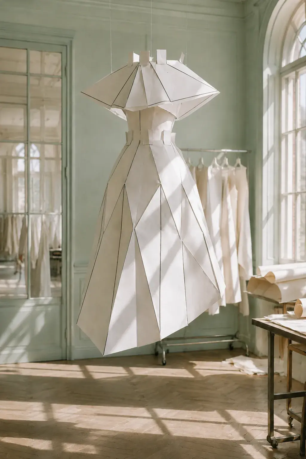 Robe-sculpture origami avec chapeau conique suspendue – atelier bleu pâle sans personnage