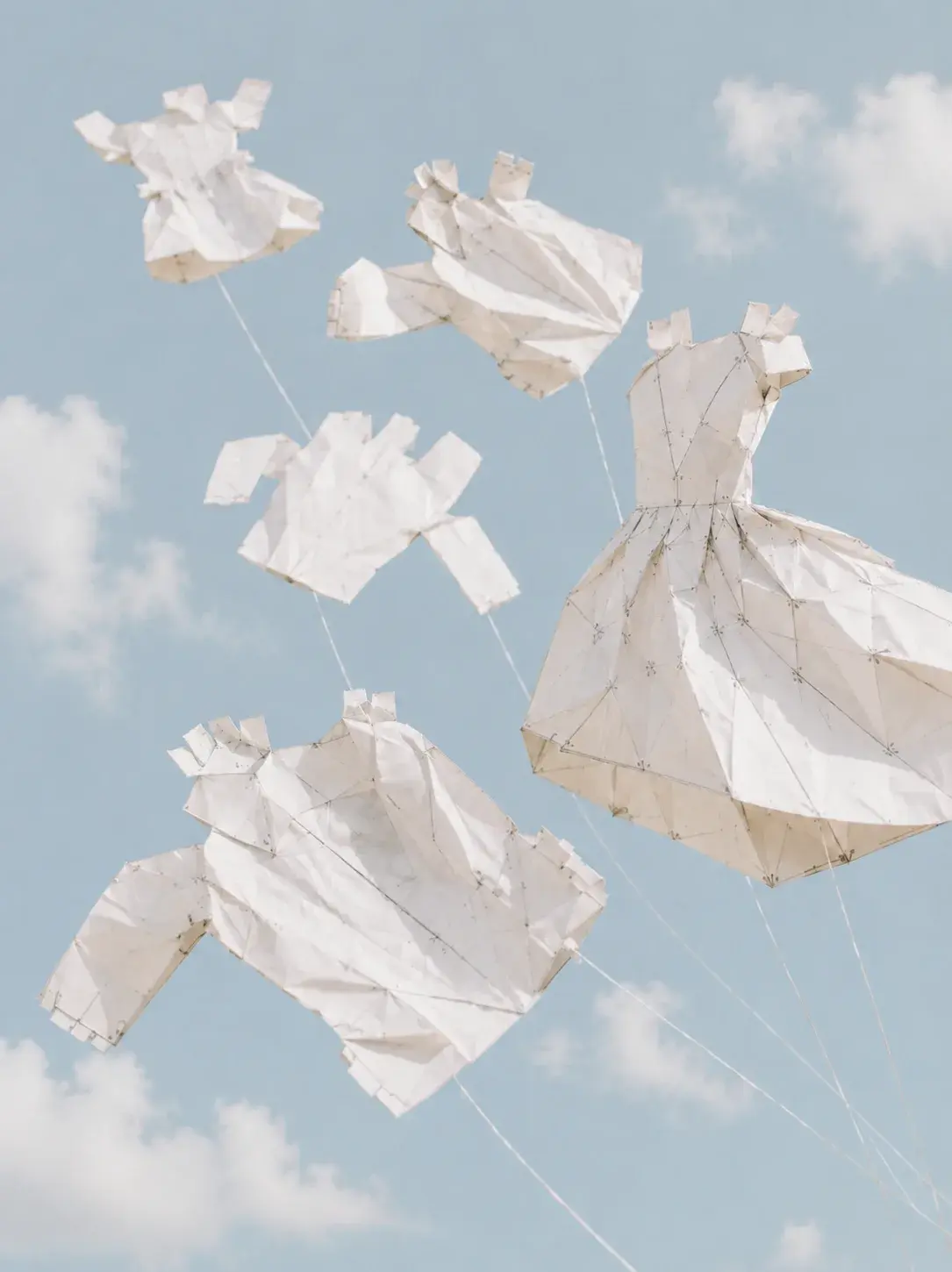 Robes et tenues origami s'envolant comme des cerfs-volants dans le ciel nuageux