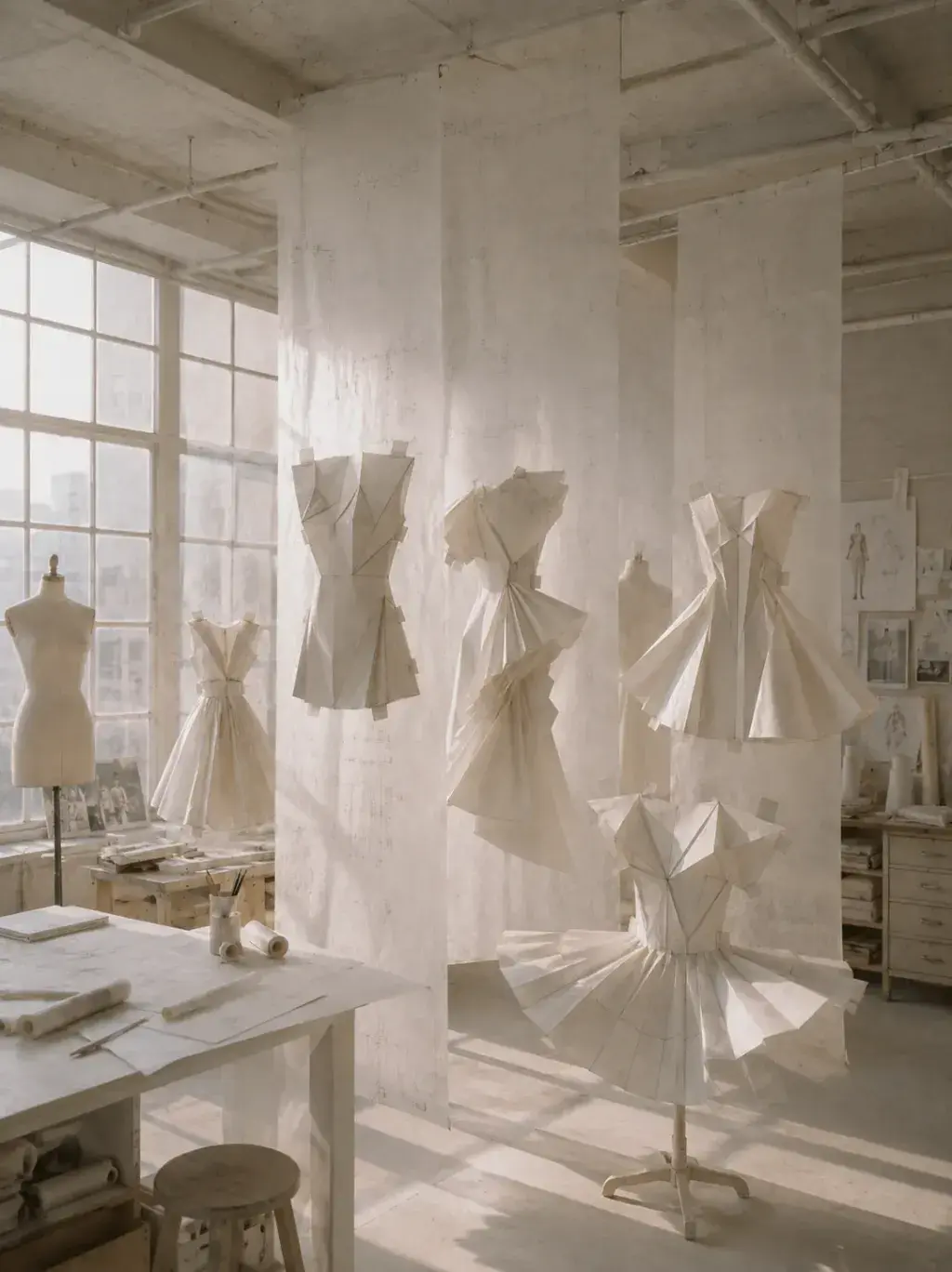 Robes origami miniatures épinglées sur toile dans grand atelier industriel – lumière de verrière