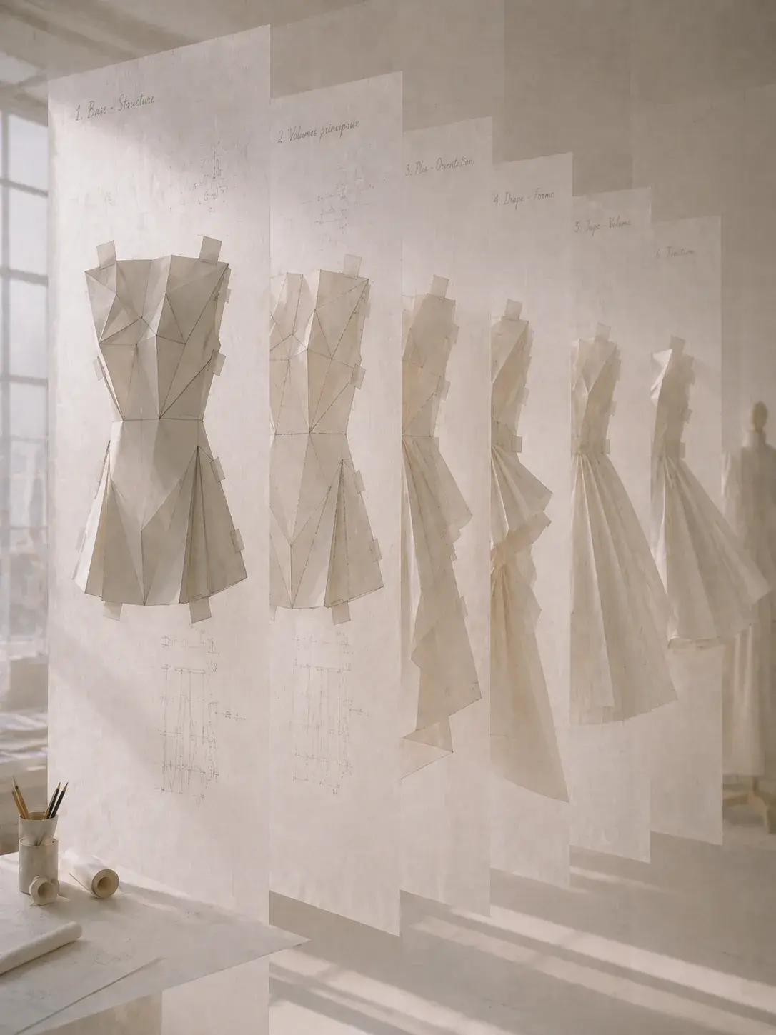 Robes origami miniatures sur mur blanc avec annotations manuscrites – atelier de création mode