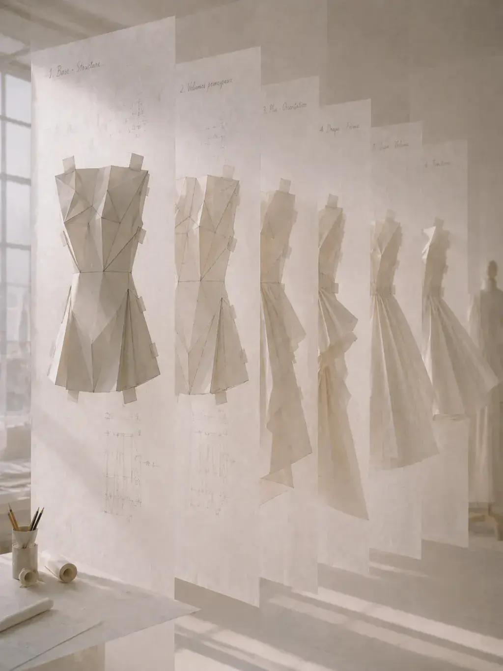 Robes origami miniatures sur mur blanc avec annotations manuscrites – atelier de création mode
