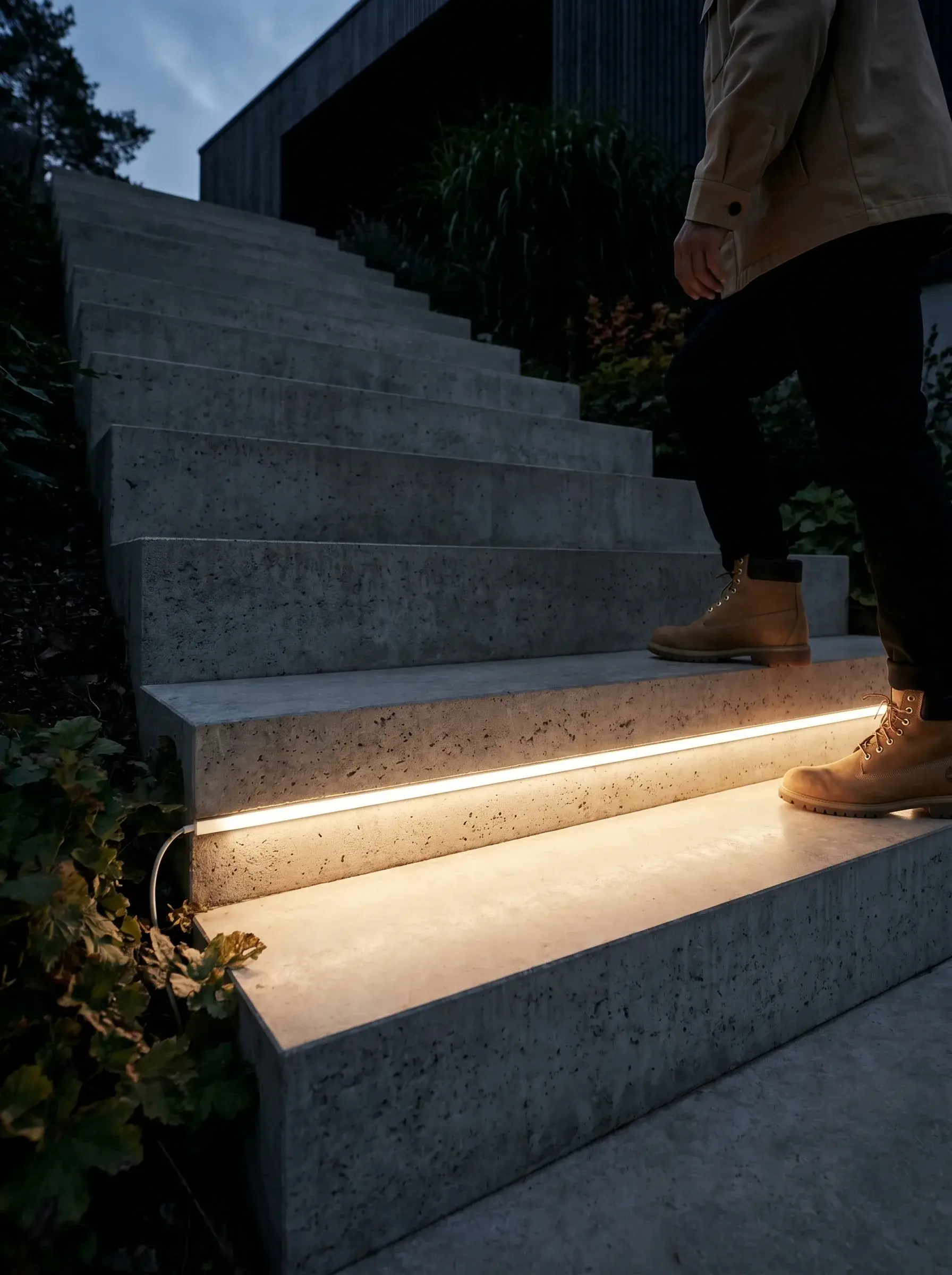 Ruban LED éclairant les marches d'un escalier en béton de jardin au crépuscule