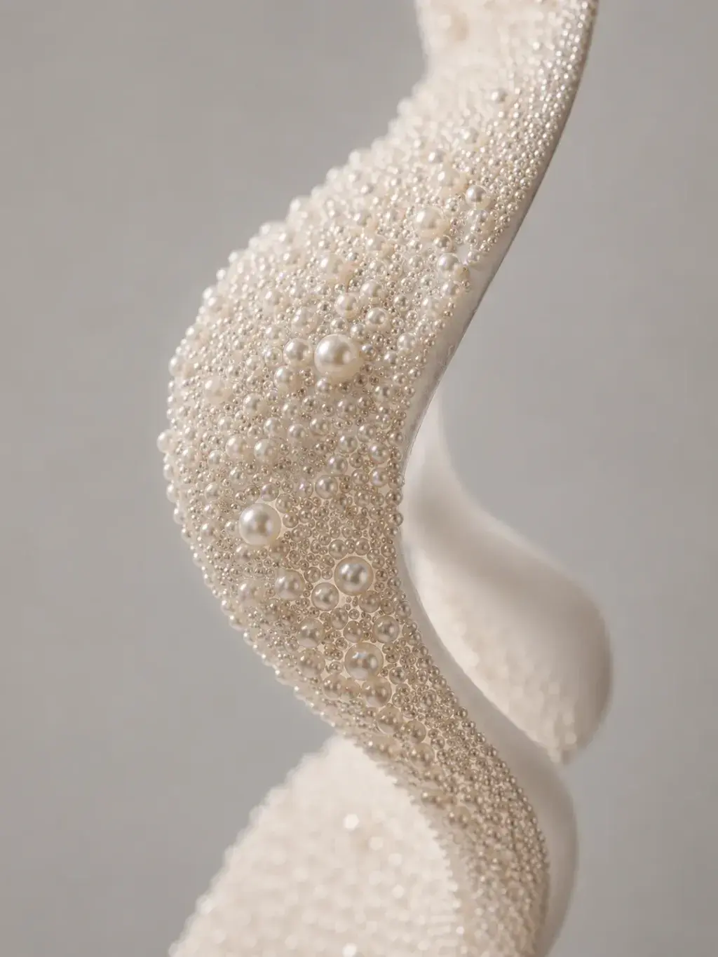 Ruban torsadé incrusté de perles calibrées et seed pearls, gros plan sculpture nacrée