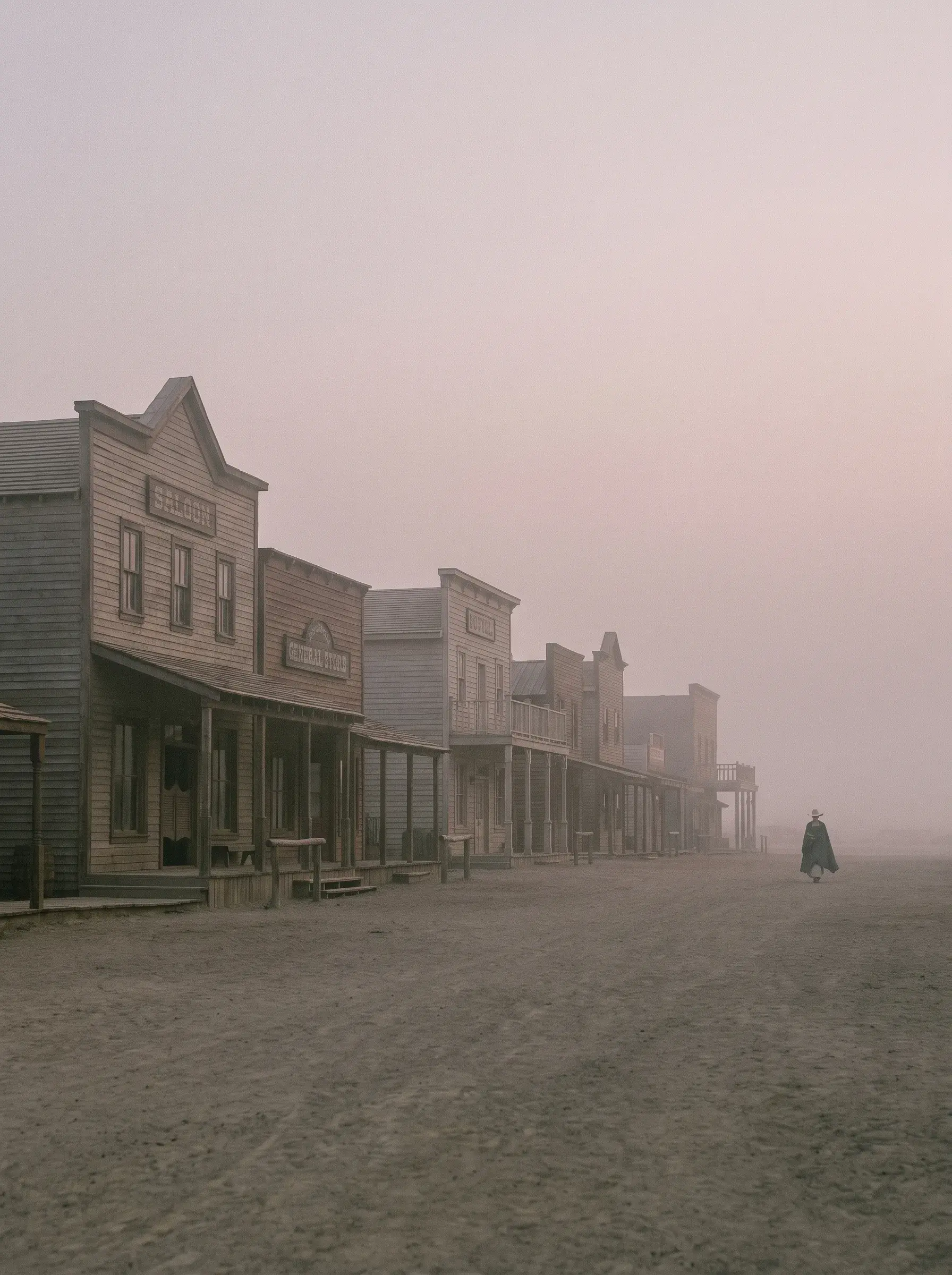 Rue principale d'une ville western en bois avec façades alignées et silhouette solitaire dans la brume rose