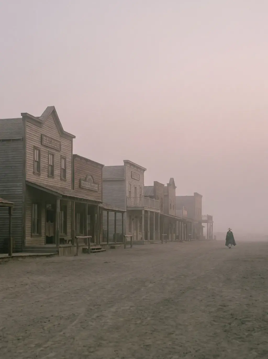Rue principale d'une ville western en bois avec façades alignées et silhouette solitaire dans la brume rose