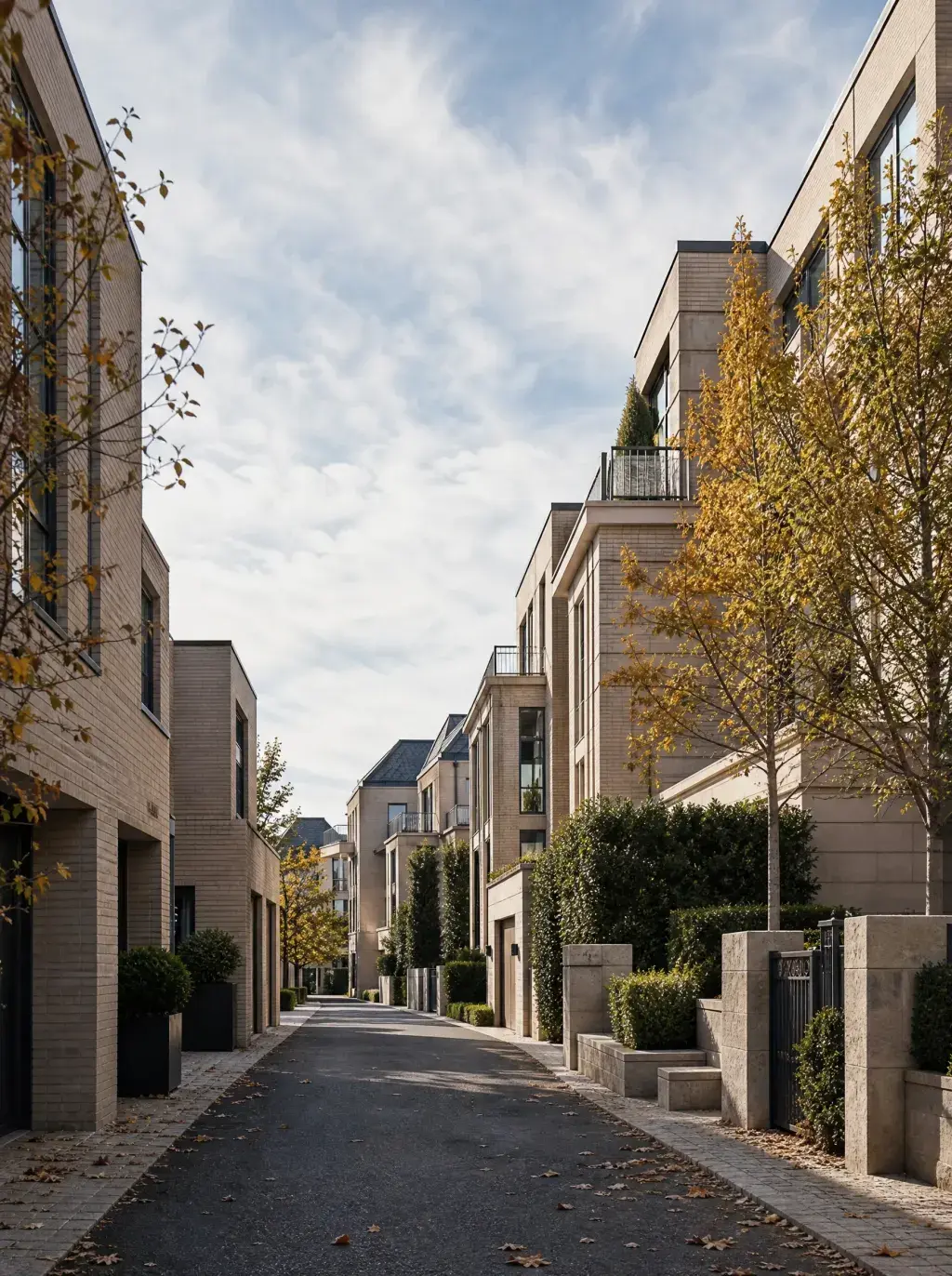Ruelle résidentielle bordée de maisons contemporaines en pierre beige avec jardins et arbres d'automne