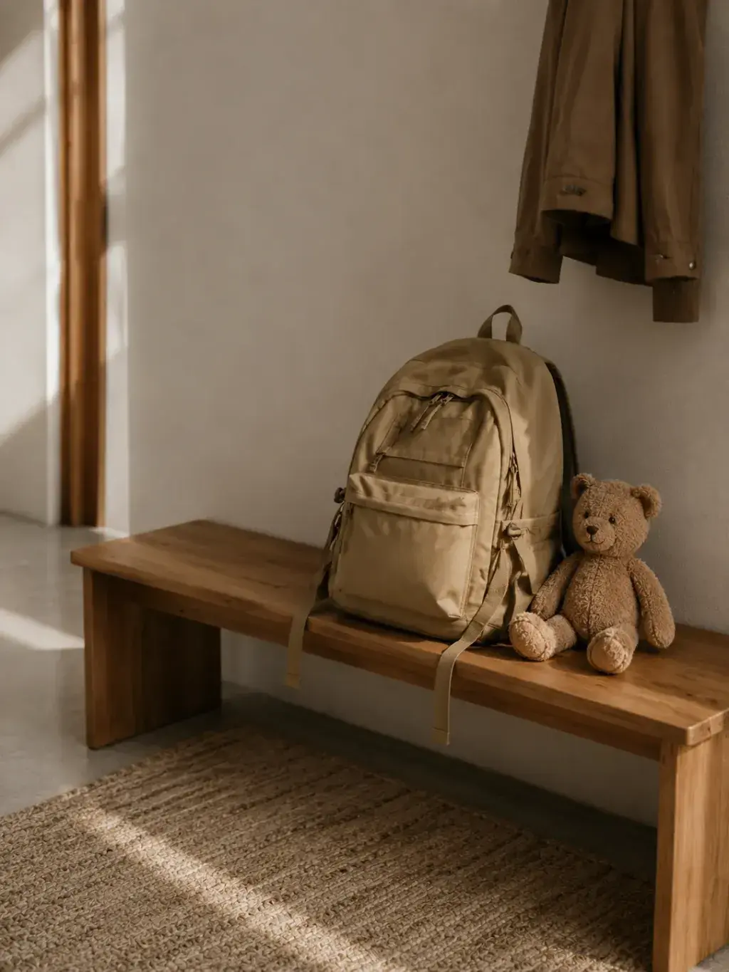 Sac à dos et nounours sur un banc en bois dans le couloir