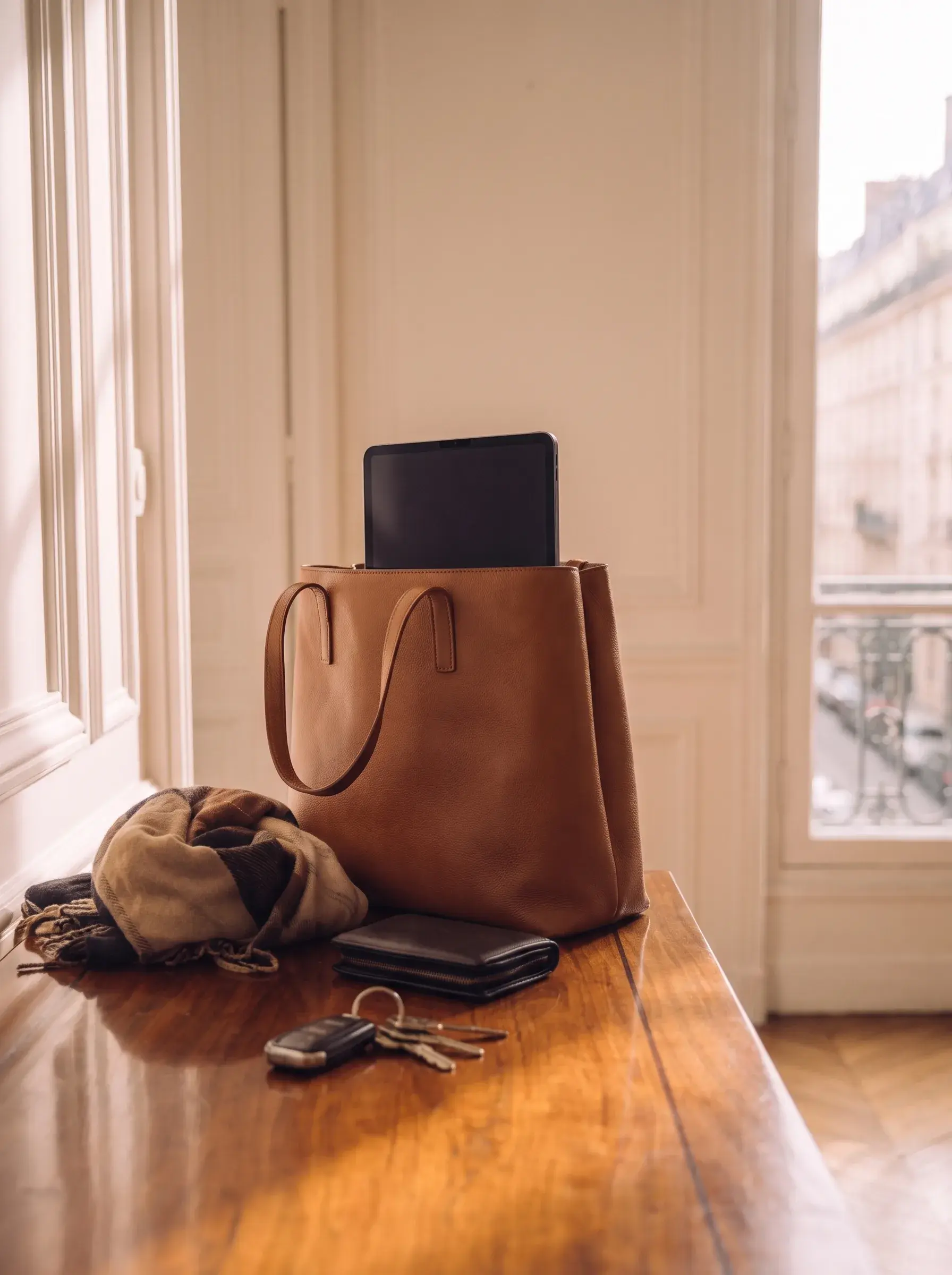 Sac à main en cuir camel avec clés et portefeuille sur une console parisienne lumineuse