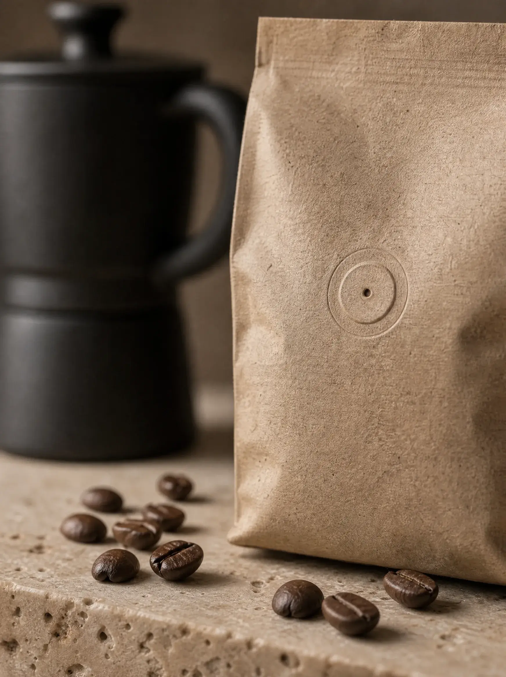 Sachet café kraft artisanal sur comptoir pierre – grains épars, cafetière moka fond flou