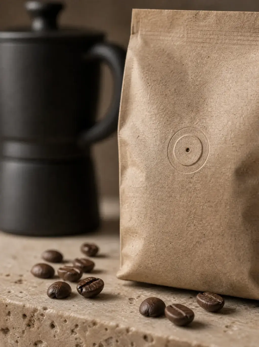 Sachet café kraft artisanal sur comptoir pierre – grains épars, cafetière moka fond flou
