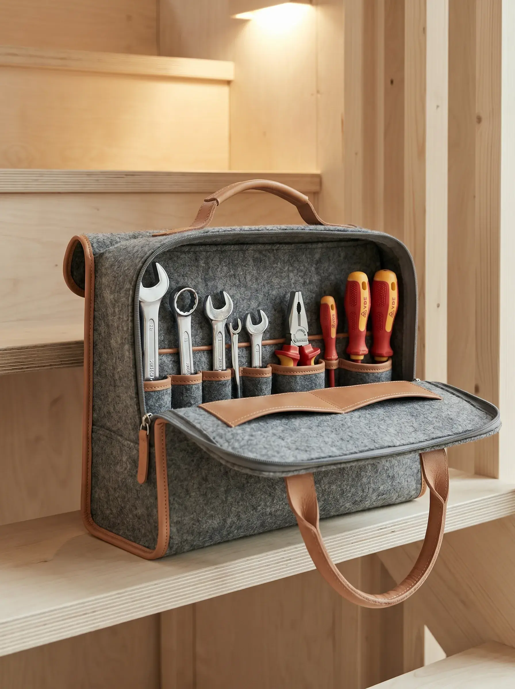 Sacoche à outils en feutre gris et cuir garnie de clés et tournevis posée sur un escalier en bois