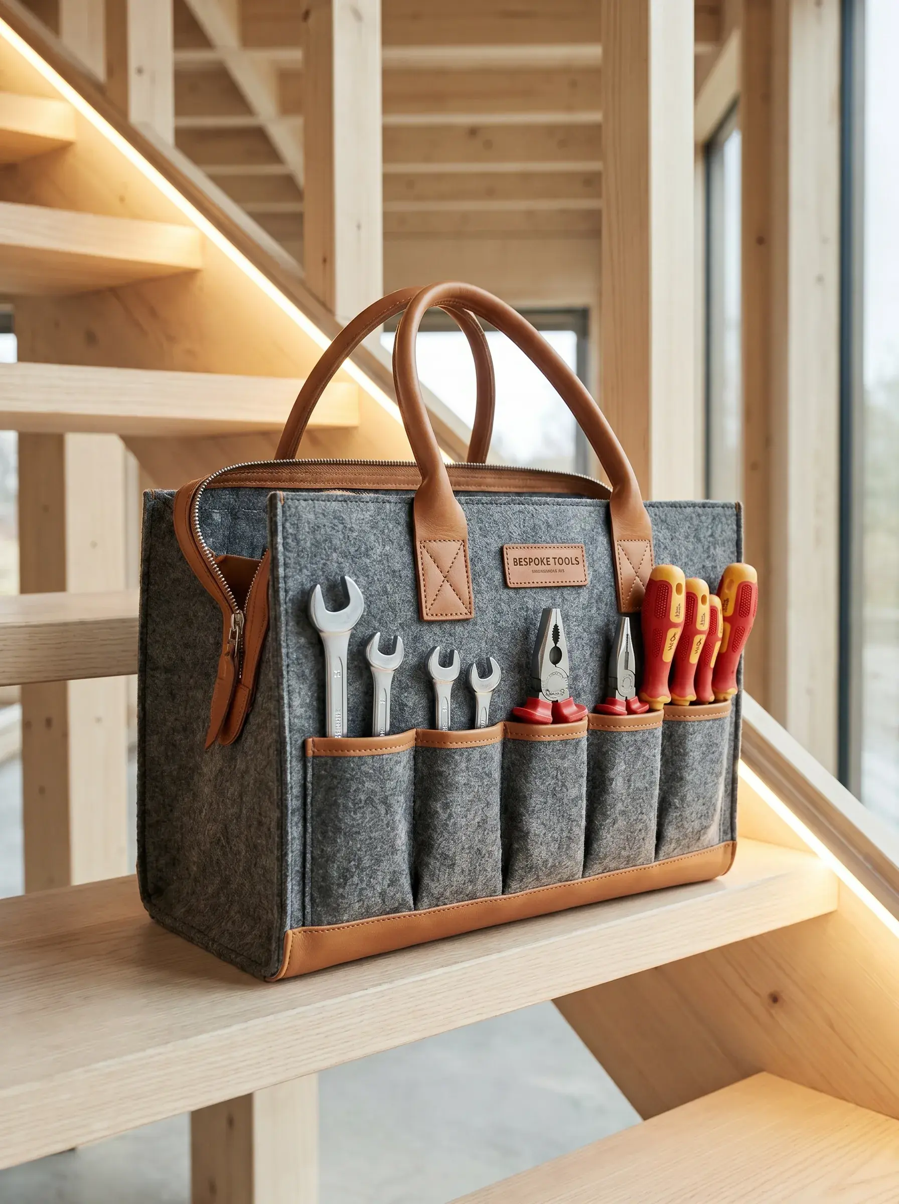 Sacoche à outils en feutre gris et cuir remplie de clés, pinces et tournevis sur un escalier en bois