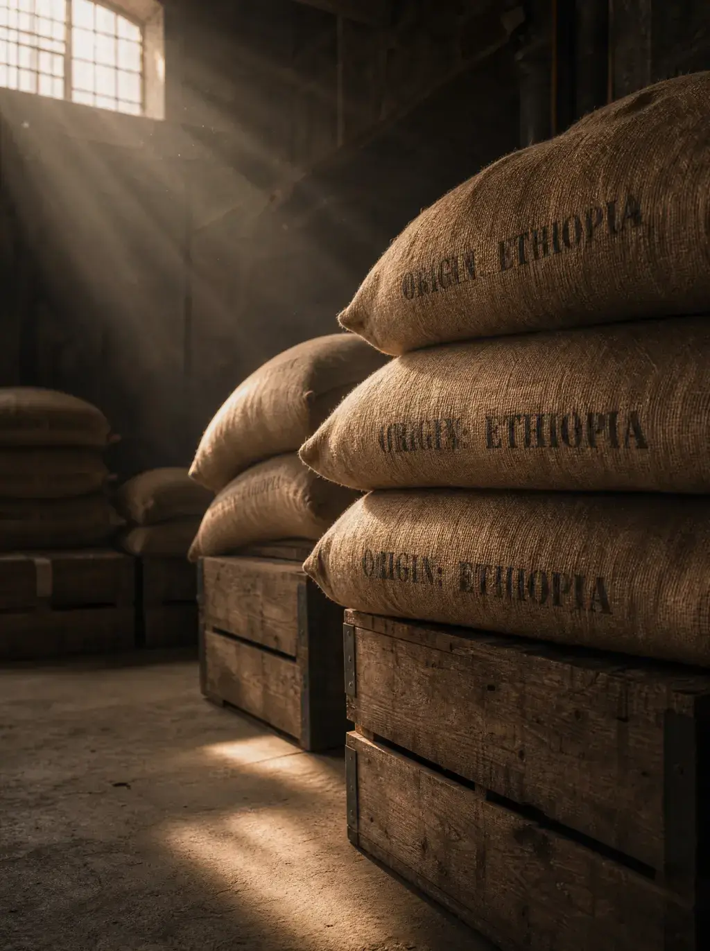 Sacs jute café d'Éthiopie empilés sur caisses bois – rayon de lumière, fenêtre grillée, entrepôt