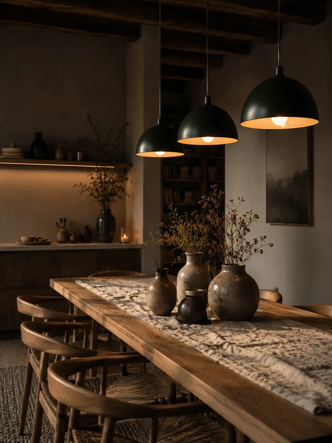 Salle à manger avec grande table bois, vases poterie bruts et trois suspensions dômes vert anglais