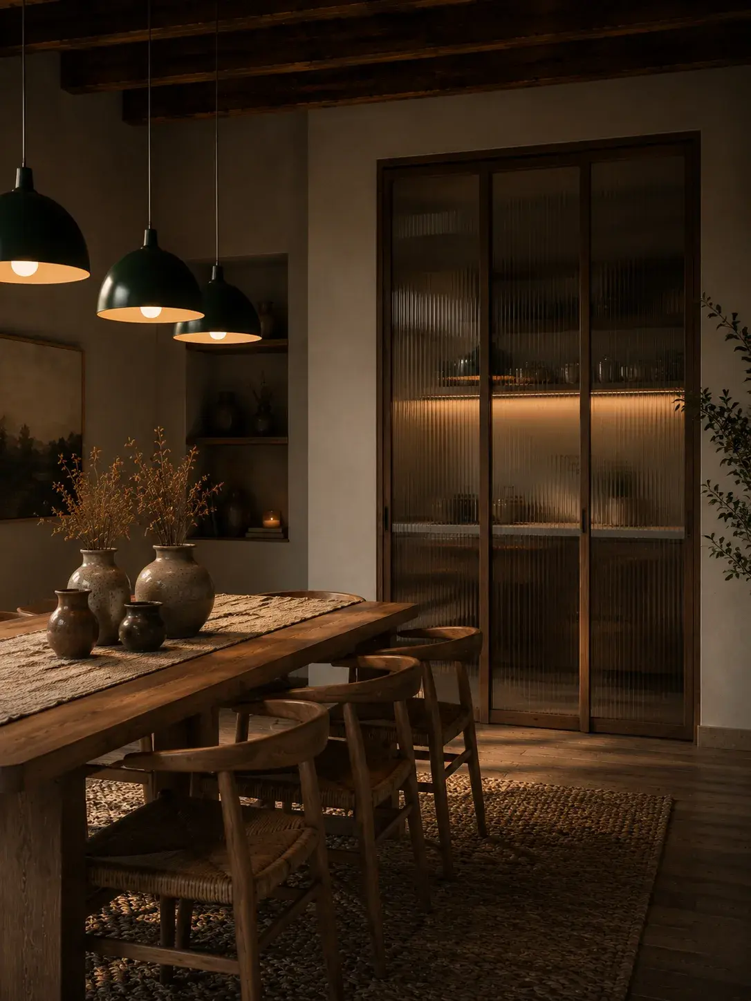 Salle à manger rustique chic sombre avec grande table en bois massif, chaises paillées et suspensions métal