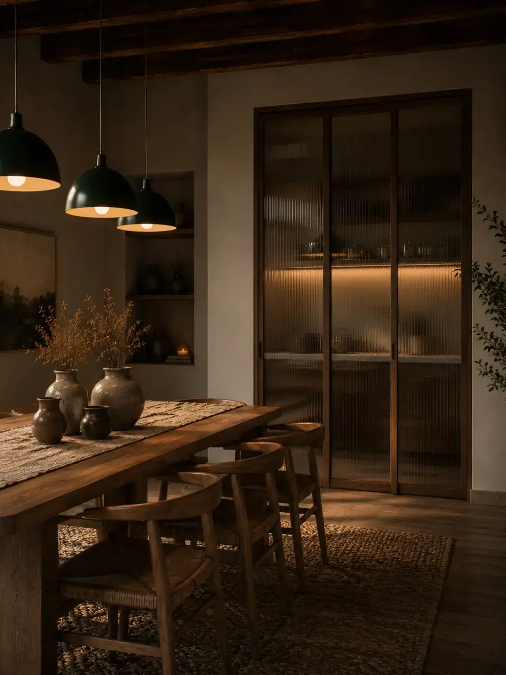Salle à manger rustique chic sombre avec grande table en bois massif, chaises paillées et suspensions métal