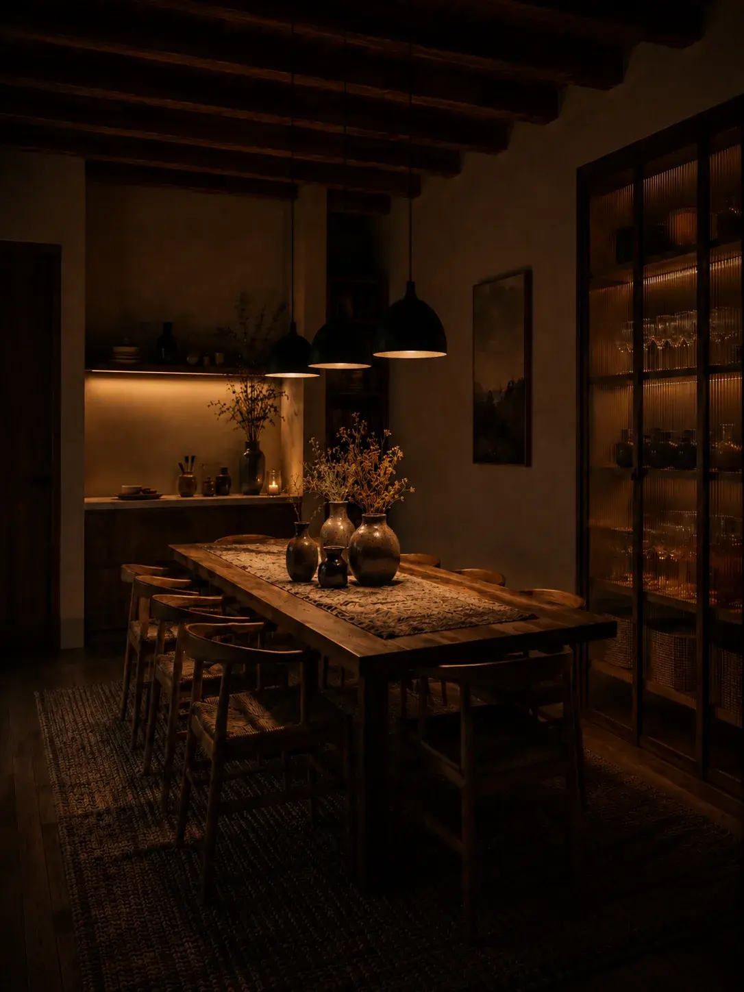 Salle à manger sombre et chaleureuse avec table bois, chaises paillées et suspensions noires ambiance ambre