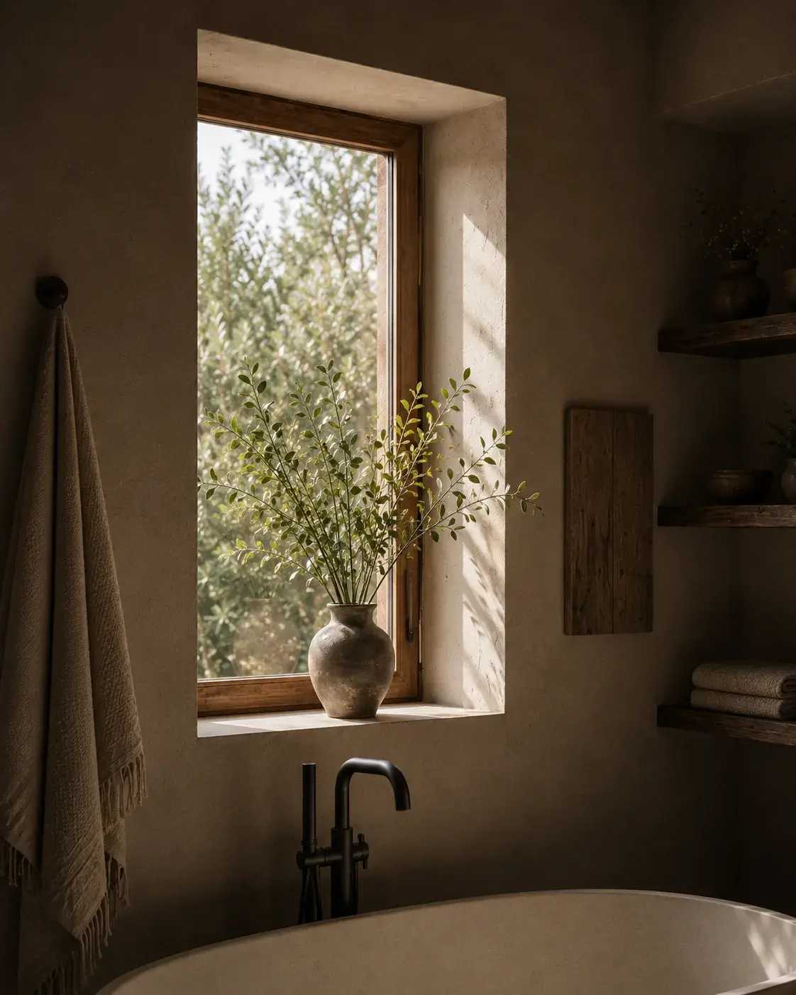 Salle de bain avec baignoire béton, fenêtre sur jardin, vase en branches vertes et robinet arc noir mat