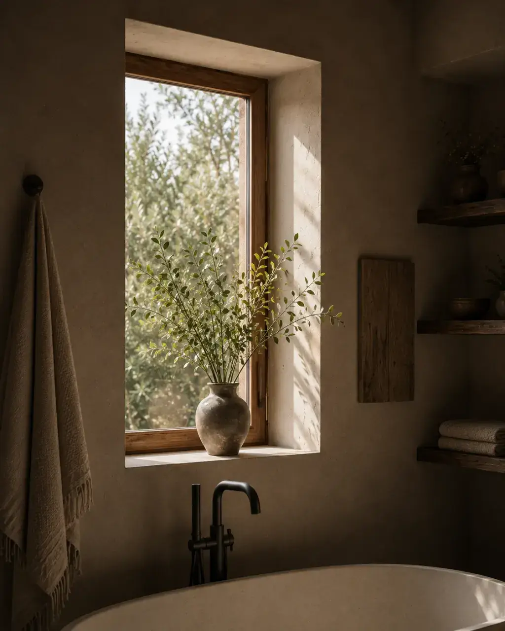 Salle de bain avec baignoire béton, fenêtre sur jardin, vase en branches vertes et robinet arc noir mat