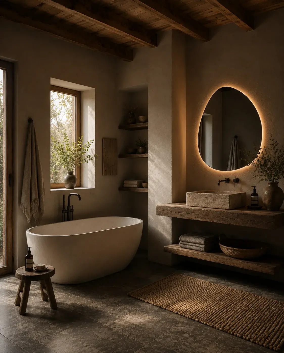 Salle de bain rustique chic complète avec baignoire blanche, miroir LED organique et vasque en grès sur meuble bois