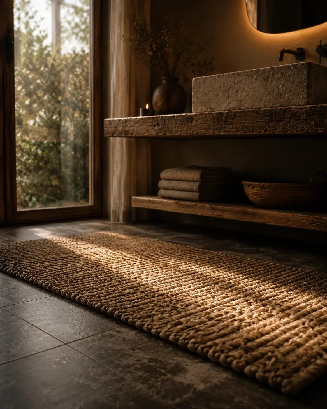 Salle de bain rustique luxe avec tapis jonc, vasque travertin, vase terre cuite et lumière chaude basse