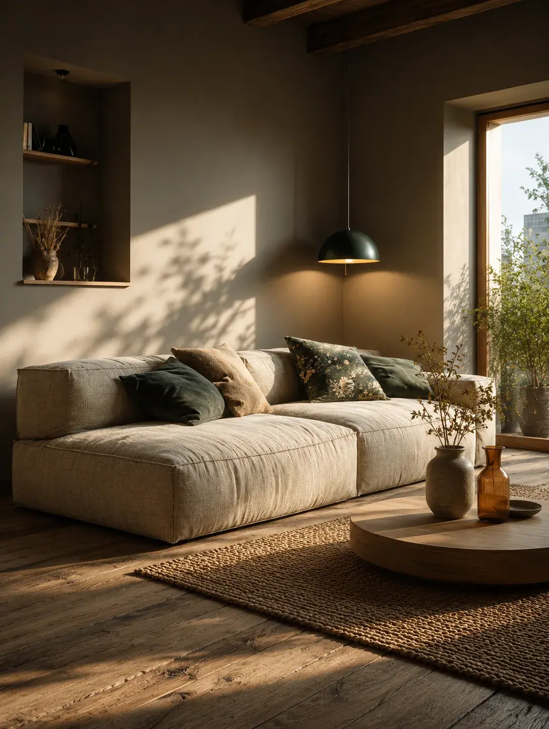 Salon baigné de lumière naturelle avec canapé lin, tapis jute, étagères encastrées et grande fenêtre végétation