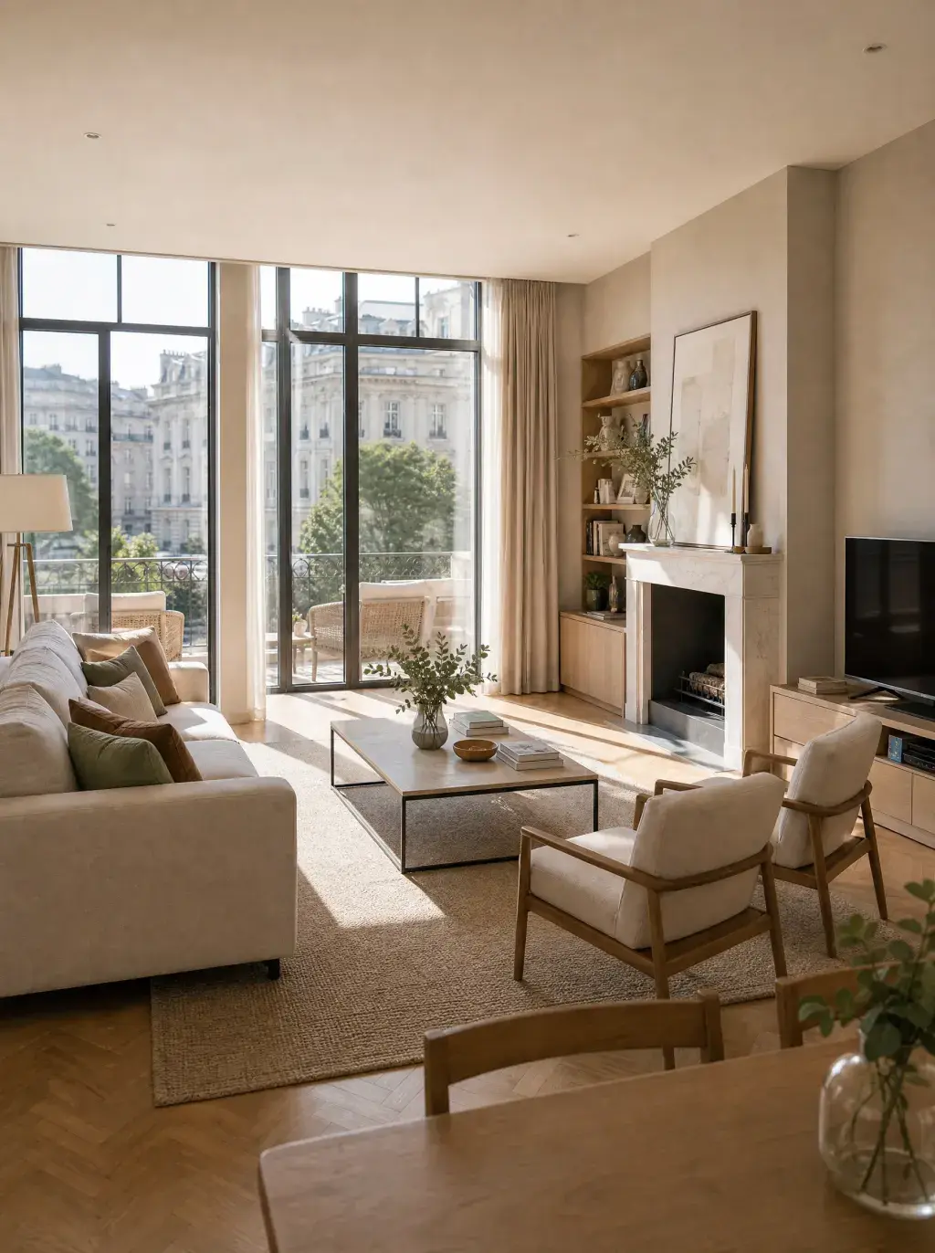 Salon lumineux avec grandes baies vitrées donnant sur une avenue haussmannienne et parquet en chevrons