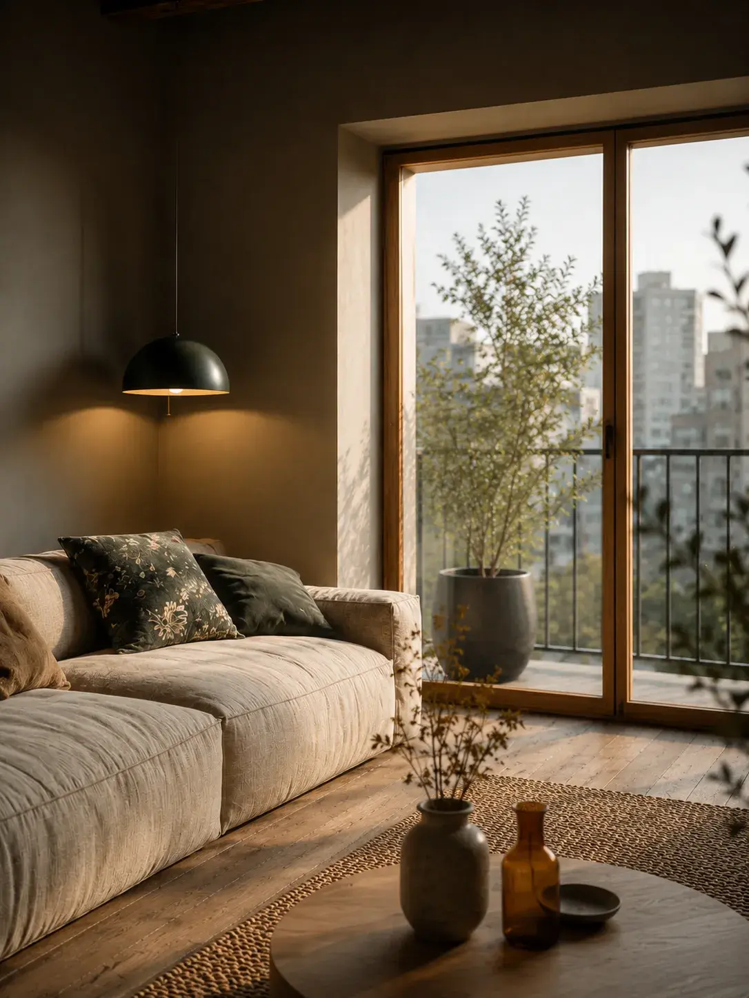 Salon urbain lumineux avec canapé lin beige, table basse bois et fenêtre panoramique sur la ville