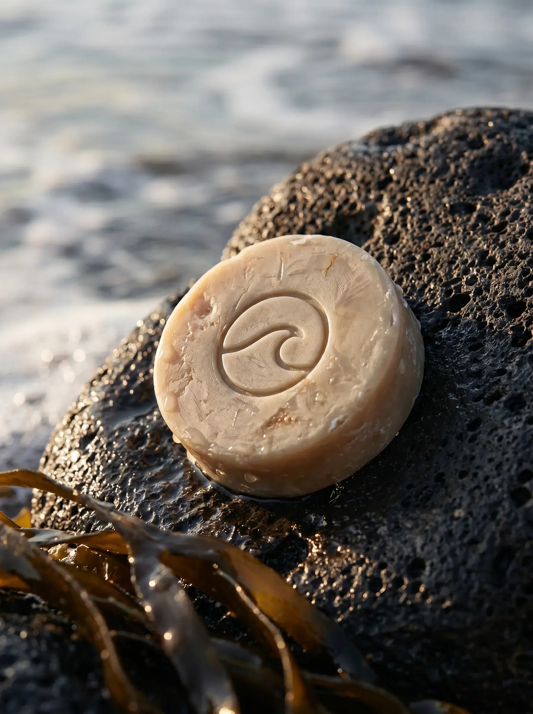 Savon artisanal gravé d'une vague sur roche volcanique avec algues et mer en fond