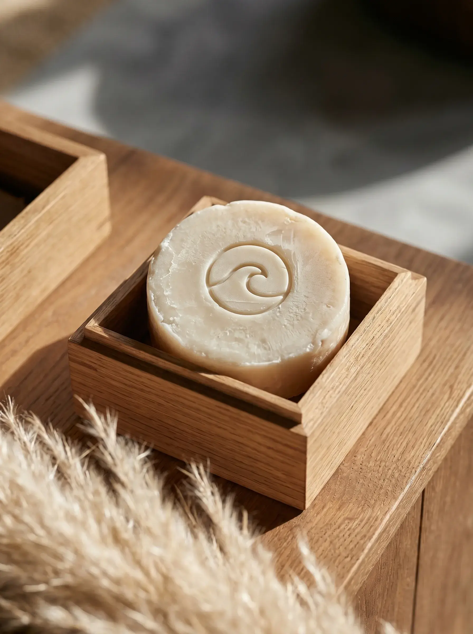 Savon artisanal rond gravé d'un motif de vague sur plateau en bois en gros plan
