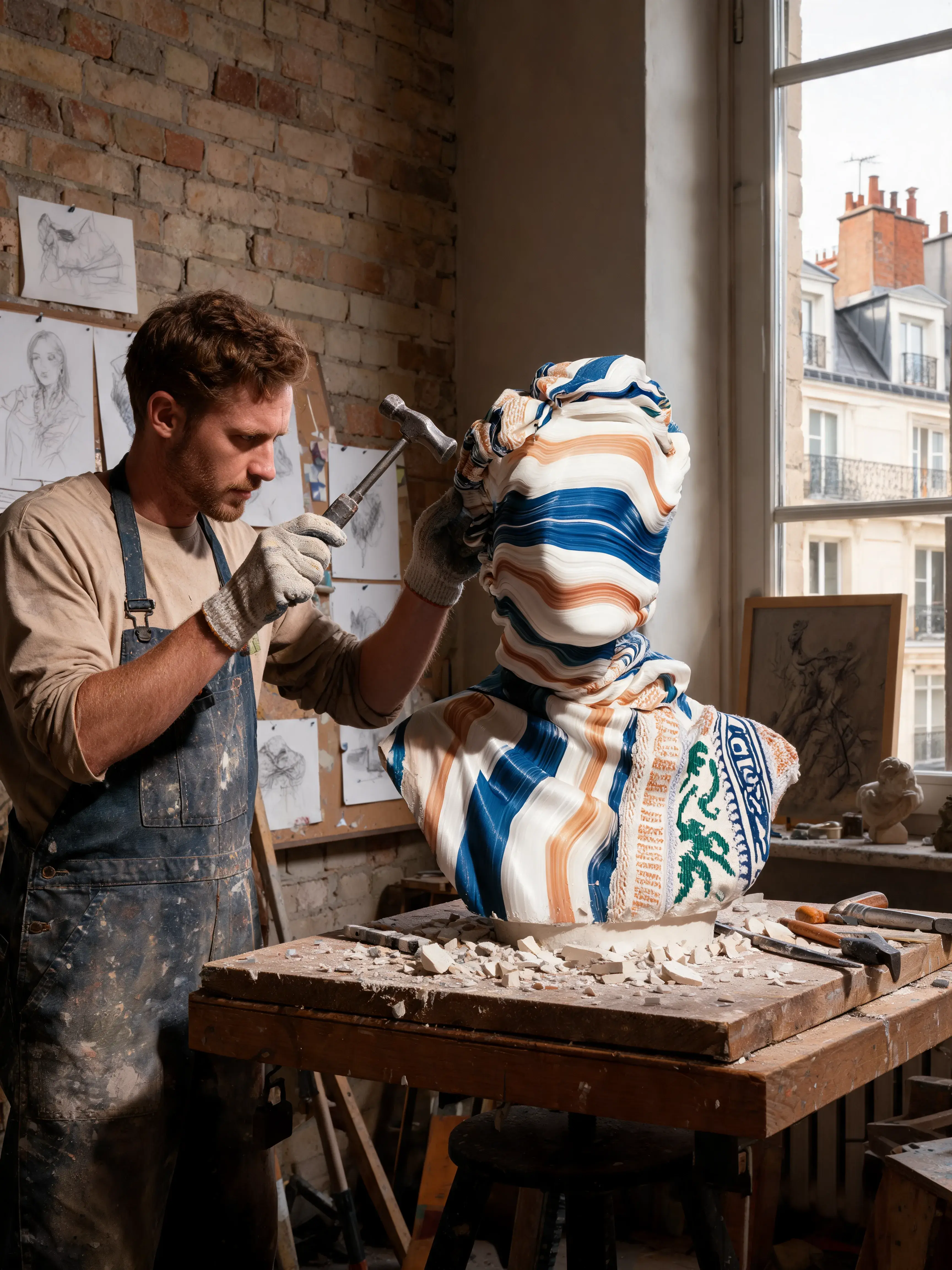 Sculpteur en atelier parisien travaillant sur buste marbré rayé – croquis au mur, toits Paris