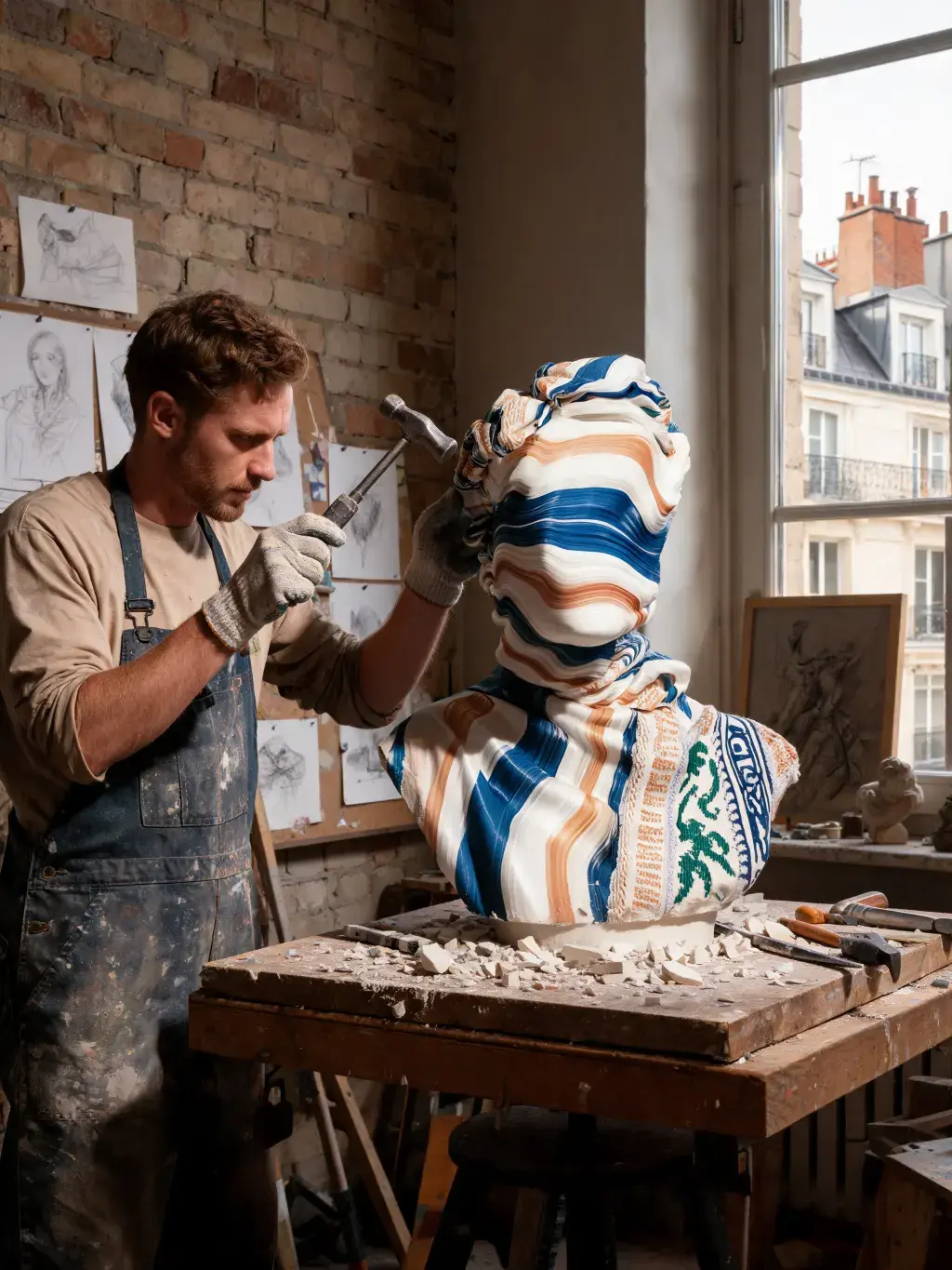 Sculpteur en atelier parisien travaillant sur buste marbré rayé – croquis au mur, toits Paris