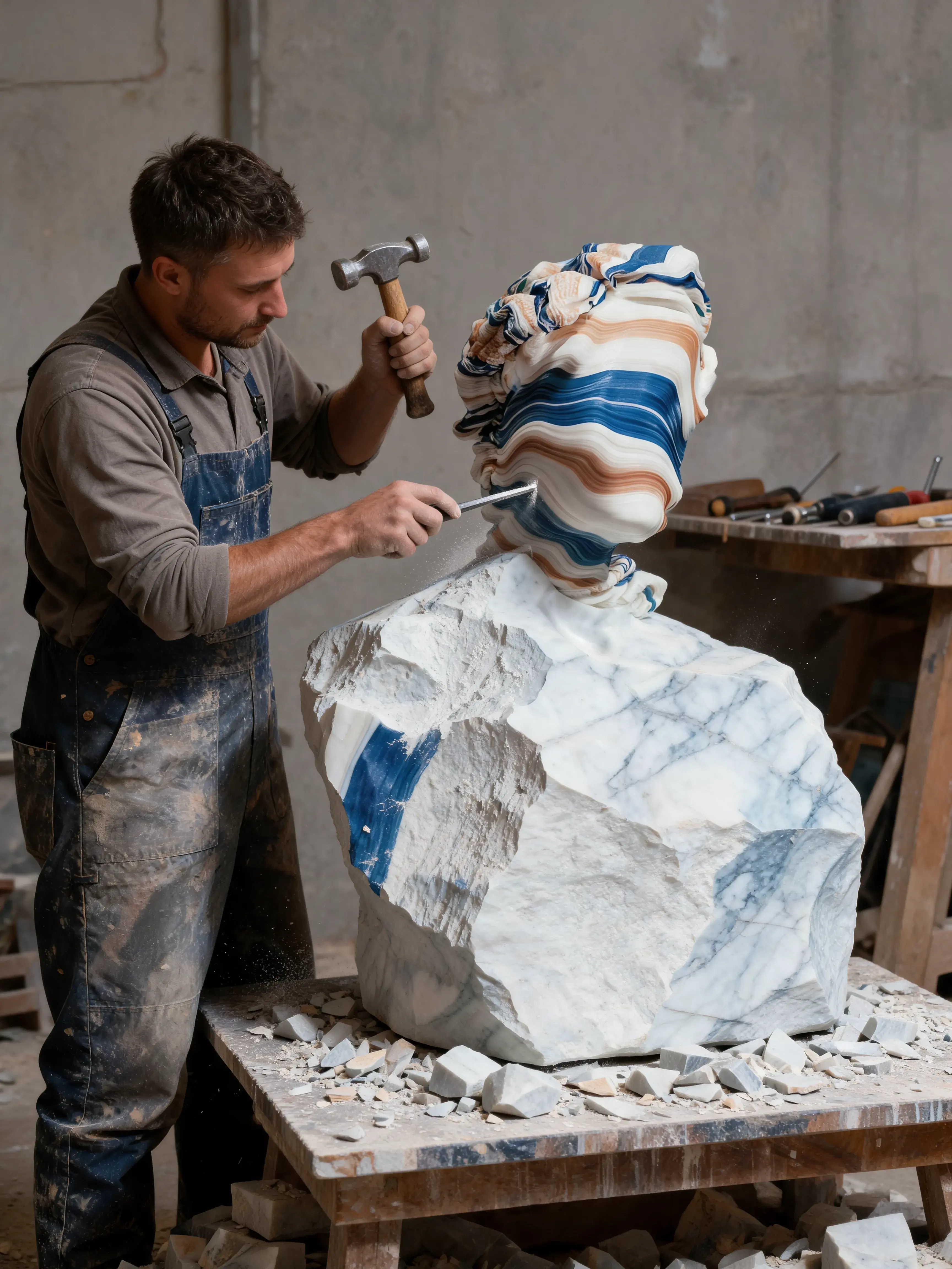 Sculpteur taillant dans bloc de marbre rayé – atelier, marteau, ciseau, copeaux, buste émergent