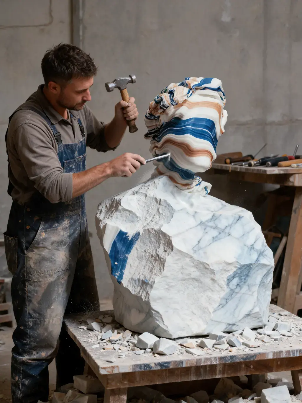 Sculpteur taillant dans bloc de marbre rayé – atelier, marteau, ciseau, copeaux, buste émergent
