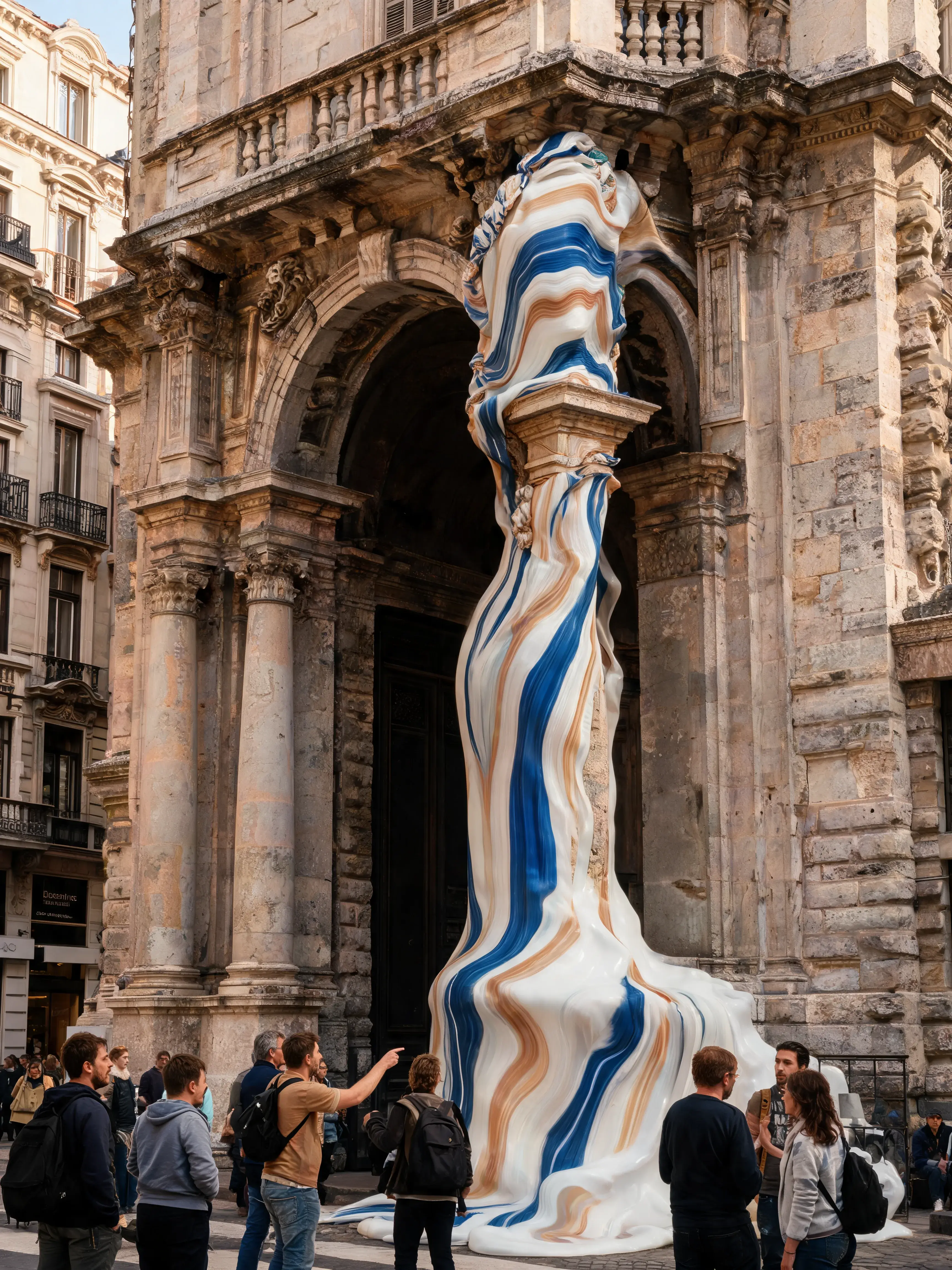 Sculpture colonne torsadée en matière marbré bleu-blanc-terracotta – façade baroque, passants
