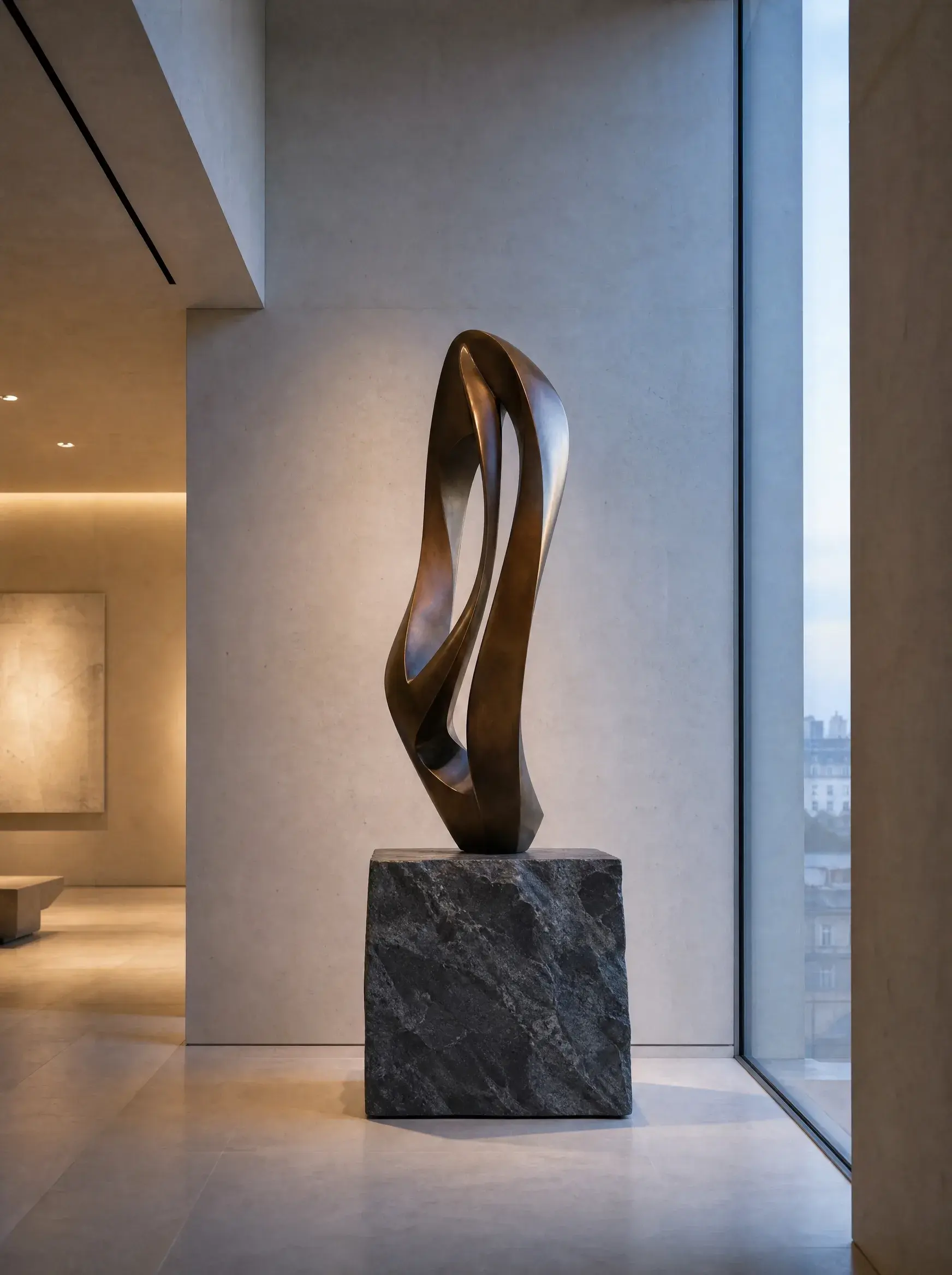 Sculpture en bronze abstrait sur socle en marbre dans un hall contemporain lumineux avec vue sur Paris