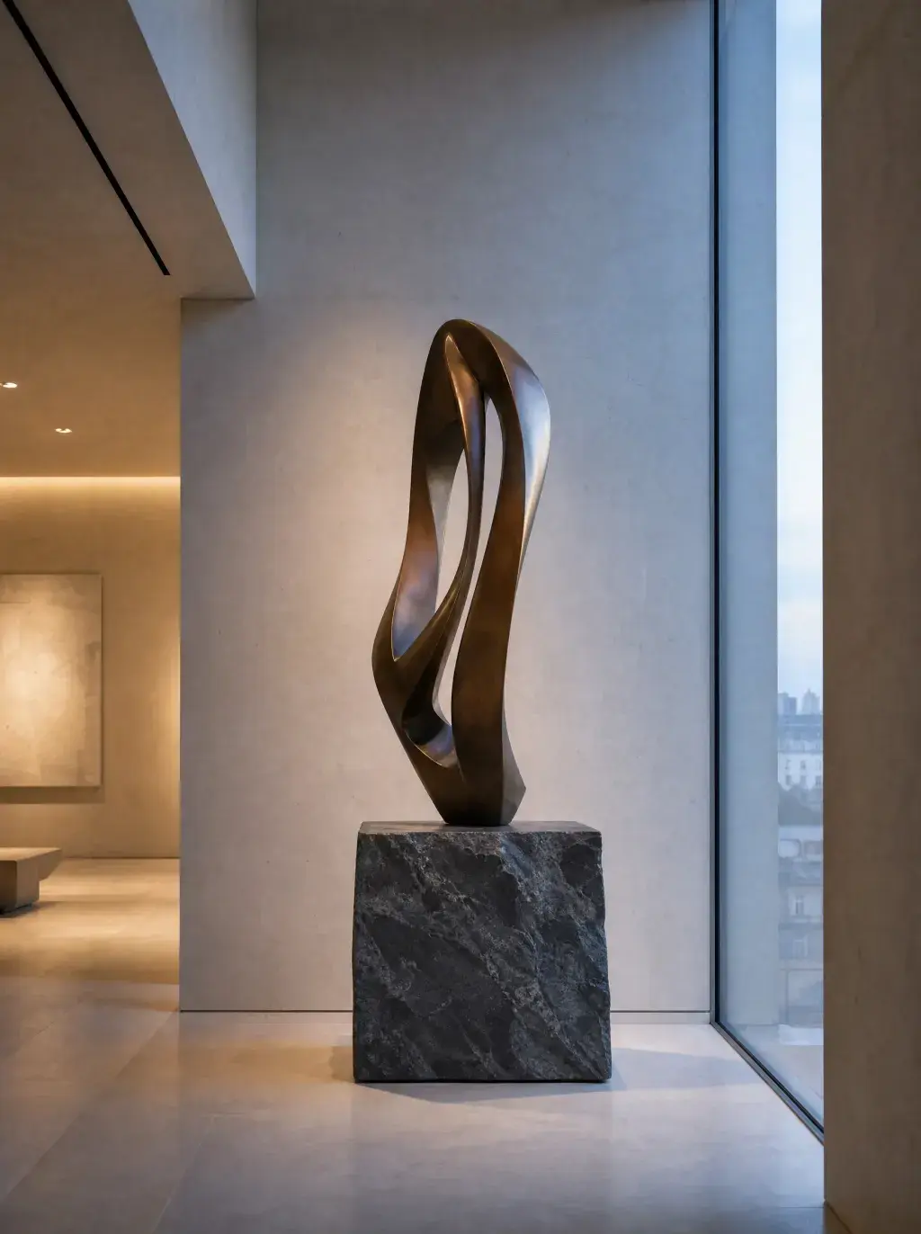 Sculpture en bronze abstrait sur socle en marbre dans un hall contemporain lumineux avec vue sur Paris